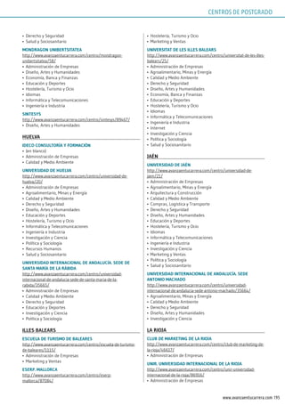195www.avanzaentucarrera.com
•	 Derecho y Seguridad
•	 Salud y Sociosanitario
mondrAgon uniBErTsiTATEA
http://www.avanzaentucarrera.com/centro/mondragon-
unibertsitatea/58/
•	 Administración de Empresas
•	 Diseño, Artes y Humanidades
•	 Economía, Banca y Finanzas
•	 Educación y Deportes
•	 Hostelería, Turismo y Ocio
•	 Idiomas
•	 Informática y Telecomunicaciones
•	 Ingeniería e Industria
sinTEsys
http://www.avanzaentucarrera.com/centro/sintesys/89467/
•	 Diseño, Artes y Humanidades
huElVA
idECo ConsulToríA y FormACión
•	 (en blanco)
•	 Administración de Empresas
•	 Calidad y Medio Ambiente
uniVErsidAd dE huElVA
http://www.avanzaentucarrera.com/centro/universidad-de-
huelva/20/
•	 Administración de Empresas
•	 Agroalimentario, Minas y Energía
•	 Calidad y Medio Ambiente
•	 Derecho y Seguridad
•	 Diseño, Artes y Humanidades
•	 Educación y Deportes
•	 Hostelería, Turismo y Ocio
•	 Informática y Telecomunicaciones
•	 Ingeniería e Industria
•	 Investigación y Ciencia
•	 Política y Sociología
•	 Recursos Humanos
•	 Salud y Sociosanitario
uniVErsidAd inTErnACionAl dE AndAluCíA. sEdE dE
sAnTA mAríA dE lA rÁBidA
http://www.avanzaentucarrera.com/centro/universidad-
internacional-de-andalucia-sede-de-santa-maria-de-la-
rabida/35665/
•	 Administración de Empresas
•	 Calidad y Medio Ambiente
•	 Derecho y Seguridad
•	 Educación y Deportes
•	 Investigación y Ciencia
•	 Política y Sociología
illEs BAlEArs
EsCuElA dE Turismo dE BAlEArEs
http://www.avanzaentucarrera.com/centro/escuela-de-turismo-
de-baleares/1115/
•	 Administración de Empresas
•	 Marketing y Ventas
EsErp. mAllorCA
http://www.avanzaentucarrera.com/centro/eserp-
mallorca/87084/
•	 Hostelería, Turismo y Ocio
•	 Marketing y Ventas
uniVErsiTAT dE lEs illEs BAlEArs
http://www.avanzaentucarrera.com/centro/universitat-de-les-illes-
balears/25/
•	 Administración de Empresas
•	 Agroalimentario, Minas y Energía
•	 Calidad y Medio Ambiente
•	 Derecho y Seguridad
•	 Diseño, Artes y Humanidades
•	 Economía, Banca y Finanzas
•	 Educación y Deportes
•	 Hostelería, Turismo y Ocio
•	 Idiomas
•	 Informática y Telecomunicaciones
•	 Ingeniería e Industria
•	 Internet
•	 Investigación y Ciencia
•	 Política y Sociología
•	 Salud y Sociosanitario
jAén
uniVErsidAd dE jAén
http://www.avanzaentucarrera.com/centro/universidad-de-
jaen/21/
•	 Administración de Empresas
•	 Agroalimentario, Minas y Energía
•	 Arquitectura y Construcción
•	 Calidad y Medio Ambiente
•	 Compras, Logística y Transporte
•	 Derecho y Seguridad
•	 Diseño, Artes y Humanidades
•	 Educación y Deportes
•	 Hostelería, Turismo y Ocio
•	 Idiomas
•	 Informática y Telecomunicaciones
•	 Ingeniería e Industria
•	 Investigación y Ciencia
•	 Marketing y Ventas
•	 Política y Sociología
•	 Salud y Sociosanitario
uniVErsidAd inTErnACionAl dE AndAluCíA. sEdE
AnTonio mAChAdo
http://www.avanzaentucarrera.com/centro/universidad-
internacional-de-andalucia-sede-antonio-machado/35664/
•	 Agroalimentario, Minas y Energía
•	 Calidad y Medio Ambiente
•	 Derecho y Seguridad
•	 Diseño, Artes y Humanidades
•	 Investigación y Ciencia
lA riojA
CluB dE mArkETing dE lA riojA
http://www.avanzaentucarrera.com/centro/club-de-marketing-de-
la-rioja/46617/
•	 Administración de Empresas
unir. uniVErsidAd inTErnACionAl dE lA riojA
http://www.avanzaentucarrera.com/centro/unir-universidad-
internacional-de-la-rioja/86916/
•	 Administración de Empresas
CENTROS DE POSTGRADO
 