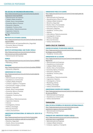 GUÍA DE ESTUDIOS SUPERIORES Y DE POSTGRADO 2016-17210
Eoi. EsCuElA dE orgAnizACión indusTriAl
http://www.avanzaentucarrera.com/centro/eoi-escuela-de-
organizacion-industrial/8336/
•	 Administración de Empresas
•	 Calidad y Medio Ambiente
•	 Diseño, Artes y Humanidades
•	 Economía, Banca y Finanzas
•	 Educación y Deportes
•	 Hostelería, Turismo y Ocio
•	 Informática y Telecomunicaciones
•	 Ingeniería e Industria
•	 Salud y Sociosanitario
pág. 181
insTiTuTo dE EsTudios CAjAsol
http://www.avanzaentucarrera.com/centro/instituto-de-estudios-
cajasol/63884/
•	 Administración de EmpresasDerecho y Seguridad
•	 Economía, Banca y Finanzas
•	 Recursos Humanos
insTiTuTo inTErnACionAl sAn TElmo. sEVillA
http://www.avanzaentucarrera.com/centro/instituto-
internacional-san-telmo-sevilla/1484/
•	 Administración de Empresas
isEmCo
http://www.avanzaentucarrera.com/centro/isemco/89900/
•	 Marketing y Ventas
prodidAC
http://www.avanzaentucarrera.com/centro/prodidac/89986/
•	 Educación y Deportes
uniVErsidAd dE sEVillA
http://www.avanzaentucarrera.com/centro/universidad-de-
sevilla/35/
•	 Administración de Empresas
•	 Arquitectura y Construcción
•	 Calidad y Medio Ambiente
•	 Compras, Logística y Transporte
•	 Comunicación, Imagen y Sonido
•	 Derecho y Seguridad
•	 Diseño, Artes y Humanidades
•	 Economía, Banca y Finanzas
•	 Educación y Deportes
•	 Hostelería, Turismo y Ocio
•	 Idiomas
•	 Informática y Telecomunicaciones
•	 Ingeniería e Industria
•	 Internet
•	 Investigación y Ciencia
•	 Política y Sociología
•	 Recursos Humanos
•	 Salud y Sociosanitario
uniVErsidAd inTErnACionAl dE AndAluCíA. sEdE dE lA
CArTujA
http://www.avanzaentucarrera.com/centro/universidad-
internacional-de-andalucia-sede-de-la-cartuja/8277/
•	 Derecho y Seguridad
•	 Diseño, Artes y Humanidades
•	 Salud y Sociosanitario
uniVErsidAd pABlo dE olAVidE
http://www.avanzaentucarrera.com/centro/universidad-pablo-de-
olavide/62/
•	 Administración de Empresas
•	 Agroalimentario, Minas y Energía
•	 Calidad y Medio Ambiente
•	 Derecho y Seguridad
•	 Diseño, Artes y Humanidades
•	 Economía, Banca y Finanzas
•	 Educación y Deportes
•	 Hostelería, Turismo y Ocio
•	 Idiomas
•	 Informática y Telecomunicaciones
•	 Investigación y Ciencia
•	 Política y Sociología
•	 Recursos Humanos
•	 Salud y Sociosanitario
sAnTA Cruz dE TEnEriFE
CEnTro dE nuEVAs TECnologíAs mArCos
http://www.avanzaentucarrera.com/centro/centro-de-nuevas-
tecnologias-marcos/87190/
•	 Hostelería, Turismo y Ocio
uniVErsidAd dE lA lAgunA
http://www.avanzaentucarrera.com/centro/universidad-de-la-
laguna/23/
•	 Administración de Empresas
•	 Arquitectura y Construcción
•	 Calidad y Medio Ambiente
•	 Diseño, Artes y Humanidades
•	 Economía, Banca y Finanzas
•	 Educación y Deportes
•	 Hostelería, Turismo y Ocio
•	 Idiomas
•	 Informática y Telecomunicaciones
•	 Ingeniería e Industria
•	 Investigación y Ciencia
•	 Marketing y Ventas
•	 Política y Sociología
•	 Salud y Sociosanitario
uniVErsidAd EuropEA dE CAnAriAs
http://www.avanzaentucarrera.com/centro/universidad-europea-
de-canarias/89244/
•	 Administración de Empresas
•	 Arquitectura y Construcción
•	 Salud y Sociosanitario
TArrAgonA
EEni. EsCuElA EspAñolA dE nEgoCios inTErnACionAlEs
http://www.avanzaentucarrera.com/centro/eeni-escuela-
espanola-de-negocios-internacionales/3009/
•	 Administración de Empresas
•	 Marketing y Ventas
FundACió urV uniVErsiTAT roVirA i Virgili
http://www.avanzaentucarrera.com/centro/fundacio-urv-
universitat-rovira-i-virgili/8593/
•	 Administración de Empresas
•	 Calidad y Medio Ambiente
•	 Compras, Logística y Transporte
CENTROS DE POSTGRADO
 