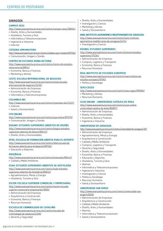 GUÍA DE ESTUDIOS SUPERIORES Y DE POSTGRADO 2016-17214
zArAgozA
CAmpus sEAs
http://www.avanzaentucarrera.com/centro/campus-seas/28604/
•	 Diseño, Artes y Humanidades
•	 Hostelería, Turismo y Ocio
•	 Informática y Telecomunicaciones
•	 Ingeniería e Industria
•	 Internet
CÁTEdrA upm-mAsTErd
http://www.avanzaentucarrera.com/centro/catedra-upm-masterd/87216/
•	 Comunicación, Imagen y Sonido
CEnTro dE EsTudios rEinA ViCToriA
http://www.avanzaentucarrera.com/centro/centro-de-estudios-
reina-victoria/8854/
•	 Economía, Banca y Finanzas
•	 Marketing y Ventas
CEsTE. EsCuElA inTErnACionAl dE nEgoCios
http://www.avanzaentucarrera.com/centro/ceste-escuela-
internacional-de-negocios/1150/
•	 Administración de Empresas
•	 Economía, Banca y Finanzas
•	 Informática y Telecomunicaciones
ColumBus iBs
http://www.avanzaentucarrera.com/centro/columbus-ibs/2527/
•	 Internet
•	 Salud y Sociosanitario
CpA onlinE
http://www.avanzaentucarrera.com/centro/cpa-online/87079/
•	 Comunicación, Imagen y Sonido
dsigno. EsTudios supEriorEs ABiErTos dE disEño
http://www.avanzaentucarrera.com/centro/dsigno-estudios-
superiores-abiertos-de-diseno/89413/
•	 Diseño, Artes y Humanidades
EFAd, EsCuElA dE FormACión ABiErTA pArA El dEporTE
http://www.avanzaentucarrera.com/centro/efad-escuela-de-
formacion-abierta-para-el-deporte/89726/
•	 Educación y Deportes
EnsEñAliA
http://www.avanzaentucarrera.com/centro/ensenalia/89443/
•	 Calidad y Medio Ambiente
EsAh. EsTudios supEriorEs ABiErTos dE hosTElEríA
http://www.avanzaentucarrera.com/centro/esah-estudios-
superiores-abiertos-de-hosteleria/86832/
•	 Agroalimentario, Minas y Energía
•	 Hostelería, Turismo y Ocio
EsCEm. EsCuElA supErior ComErCiAl y EmprEsAriAl
http://www.avanzaentucarrera.com/centro/escem-escuela-
superior-comercial-y-empresarial/3069/
•	 Administración de Empresas
•	 Arquitectura y Construcción
•	 Economía, Banca y Finanzas
•	 Recursos Humanos
EsCuElA dE CriminologíA dE CATAluñA
http://www.avanzaentucarrera.com/centro/escuela-de-
criminologia-de-cataluna/1169/
•	 Derecho y Seguridad
•	 Diseño, Artes y Humanidades
•	 Investigación y Ciencia
•	 Marketing y Ventas
•	 Salud y Sociosanitario
iAmz. insTiTuTo AgronómiCo mEdiTErrÁnEo dE zArAgozA
http://www.avanzaentucarrera.com/centro/iamz-instituto-
agronomico-mediterraneo-de-zaragoza/1474/
•	 Investigación y Ciencia
kühnEl EsTudios supEriorEs
http://www.avanzaentucarrera.com/centro/kuhnel-estudios-
superiores/37234/
•	 Administración de Empresas
•	 Compras, Logística y Transporte
•	 Economía, Banca y Finanzas
•	 Recursos Humanos
rEAl insTiTuTo dE EsTudios EuropEos
http://www.avanzaentucarrera.com/centro/real-instituto-de-
estudios-europeos/9706/
•	 Política y Sociología
sEAs-CEgos
http://www.avanzaentucarrera.com/centro/seas-cegos/89990/
•	 Marketing y Ventas
•	 Recursos Humanos
uCAV onlinE - uniVErsidAd CATóliCA dE ÁVilA
http://www.avanzaentucarrera.com/centro/ucav-online-
universidad-catolica-de-ávila/86897/
•	 Administración de Empresas
•	 Diseño, Artes y Humanidades
•	 Economía, Banca y Finanzas
•	 Ingeniería e Industria
uniVErsidAd dE zArAgozA
http://www.avanzaentucarrera.com/centro/universidad-de-zaragoza/39/
•	 Administración de Empresas
•	 Agroalimentario, Minas y Energía
•	 Arquitectura y Construcción
•	 Calidad y Medio Ambiente
•	 Compras, Logística y Transporte
•	 Derecho y Seguridad
•	 Diseño, Artes y Humanidades
•	 Economía, Banca y Finanzas
•	 Educación y Deportes
•	 Hostelería, Turismo y Ocio
•	 Idiomas
•	 Informática y Telecomunicaciones
•	 Ingeniería e Industria
•	 Investigación y Ciencia
•	 Política y Sociología
•	 Recursos Humanos
•	 Salud y Sociosanitario
uniVErsidAd sAn jorgE
http://www.avanzaentucarrera.com/centro/universidad-san-
jorge/42018/
•	 Administración de Empresas
•	 Arquitectura y Construcción
•	 Calidad y Medio Ambiente
•	 Diseño, Artes y Humanidades
•	 Idiomas
•	 Informática y Telecomunicaciones
•	 Salud y Sociosanitario
CENTROS DE POSTGRADO
 