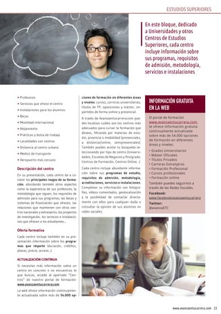 23www.avanzaentucarrera.com
• Profesores
• Servicios que ofrece el centro
• Instalaciones para los alumnos
• Becas
• Movilidad internacional
• Alojamiento
• Prácticas y bolsa de trabajo
• Localidades con centros
• Distancia al centro urbano
• Medios de transporte
• Aeropuerto más cercano
Descripción del centro
En su presentación, cada centro da a co-
nocer los principales rasgos de su forma-
ción, abordando también otros aspectos
como la experiencia de sus profesores, la
metodología que siguen, los requisitos de
admisión para sus programas, las becas y
sistemas de financiación que ofrecen, las
relaciones que mantienen con otros cen-
tros nacionales y extranjeros, los proyectos
de investigación, los servicios e instalacio-
nes que ofrecen a los estudiantes....
Oferta formativa
Cada centro incluye también en su pre-
sentación información sobre los progra-
mas que imparte (duración, créditos,
plazas, precio, acceso...)
ACTUALIZACIÓN CONTÍNUA
Si necesitas más información sobre un
centro en concreto o no encuentras lo
que buscas, accede al apartado “Cen-
tros” de nuestro portal de formación:
www.avanzaentucarrera.com
La web ofrece información continuamen-
te actualizada sobre más de 54.000 op-
ciones de formación en diferentes áreas
y niveles: cursos, carreras universitarias,
títulos de FP, oposiciones y máster, im-
partidos de forma online y presencial.
A través de Avanzaentucarrera.com pue-
des localizar cuáles son los centros más
adecuados para cursar la formación que
desees, filtrando por materias de estu-
dio, provincia o modalidad (presenciales,
a distancia/online, semipresenciales).
También puedes acotar tu búsqueda se-
leccionando por tipo de centro (Universi-
dades, Escuelas de Negocios y Postgrado,
Centros de Formación, Centros Online…)
Cada centro incluye abundante informa-
ción sobre sus programas de estudio,
requisitos de admisión, metodología,
acreditaciones, servicios e instalaciones.
Completan su información con fotogra-
fías, vídeos comentados, geolocalización
y la posibilidad de contactar directa-
mente con ellos para cualquier duda o
consultar la opinión de sus alumnos en
redes sociales.
En este bloque, dedicado
a Universidades y otros
Centros de Estudios
Superiores, cada centro
incluye información sobre
sus programas, requisitos
de admisión, metodología,
servicios e instalaciones
ESTUDIOS SUPERIORES
INFORMACIÓN GRATUITA
EN LA WEB
El portal de formación
www.avanzaentucarrera.com,
te ofrece información gratuita
continuamente actualizada
sobre más de 54.000 opciones
de formación en diferentes
áreas y niveles:
• Grados Universitarios
• Máster Oficiales
• Títulos Privados
• Carreras Extranjeras
• Formación Profesional
• Cursos profesionales
• Formación online
También puedes seguirnos a
través de las Redes Sociales.
Facebook:
www.facebook/avanzaentucarrera
Twitter:
@avanzaETC
 