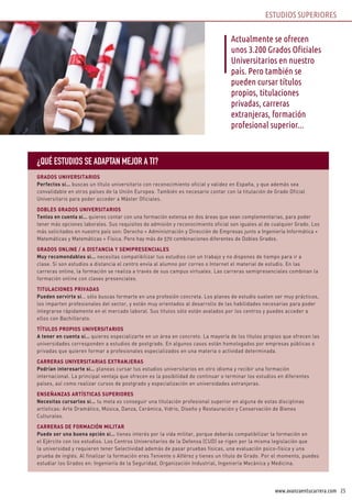 25www.avanzaentucarrera.com
Actualmente se ofrecen
unos 3.200 Grados Oficiales
Universitarios en nuestro
país. Pero también se
pueden cursar títulos
propios, titulaciones
privadas, carreras
extranjeras, formación
profesional superior...
¿QUÉ ESTUDIOS SE ADAPTAN MEJOR A TI?
GRADOS UNIVERSITARIOS
Perfectos si… buscas un título universitario con reconocimiento oficial y validez en España, y que además sea
convalidable en otros países de la Unión Europea. También es necesario contar con la titulación de Grado Oficial
Universitario para poder acceder a Máster Oficiales.
DOBLES GRADOS UNIVERSITARIOS
Tenlos en cuenta si… quieres contar con una formación extensa en dos áreas que sean complementarias, para poder
tener más opciones laborales. Sus requisitos de admisión y reconocimiento oficial son iguales al de cualquier Grado. Los
más solicitados en nuestro país son: Derecho + Administración y Dirección de Empresas junto a Ingeniería Informática +
Matemáticas y Matemáticas + Física. Pero hay más de 570 combinaciones diferentes de Dobles Grados.
GRADOS ONLINE / A DISTANCIA Y SEMIPRESENCIALES
Muy recomendables si… necesitas compatibilizar tus estudios con un trabajo y no dispones de tiempo para ir a
clase. Si son estudios a distancia el centro envía al alumno por correo o Internet el material de estudio. En las
carreras online, la formación se realiza a través de sus campus virtuales. Las carreras semipresenciales combinan la
formación online con clases presenciales.
TITULACIONES PRIVADAS
Pueden servirte si… sólo buscas formarte en una profesión concreta. Los planes de estudio suelen ser muy prácticos,
los imparten profesionales del sector, y están muy orientados al desarrollo de las habilidades necesarias para poder
integrarse rápidamente en el mercado laboral. Sus títulos sólo están avalados por los centros y puedes acceder a
ellos con Bachillerato.
TÍTULOS PROPIOS UNIVERSITARIOS
A tener en cuenta si… quieres especializarte en un área en concreto. La mayoría de los títulos propios que ofrecen las
universidades corresponden a estudios de postgrado. En algunos casos están homologados por empresas públicas o
privadas que quieren formar a profesionales especializados en una materia o actividad determinada.
CARRERAS UNIVERSITARIAS EXTRANJERAS
Podrían interesarte si… planeas cursar tus estudios universitarios en otro idioma y recibir una formación
internacional. La principal ventaja que ofrecen es la posibilidad de continuar o terminar los estudios en diferentes
países, así como realizar cursos de postgrado y especialización en universidades extranjeras.
ENSEÑANZAS ARTÍSTICAS SUPERIORES
Necesitas cursarlos si… tu meta es conseguir una titulación profesional superior en alguna de estas disciplinas
artísticas: Arte Dramático, Música, Danza, Cerámica, Vidrio, Diseño y Restauración y Conservación de Bienes
Culturales.
CARRERAS DE FORMACIÓN MILITAR
Puede ser una buena opción si… tienes interés por la vida militar, porque deberás compatibilizar la formación en
el Ejército con los estudios. Los Centros Universitarios de la Defensa (CUD) se rigen por la misma legislación que
la universidad y requieren tener Selectividad además de pasar pruebas físicas, una evaluación psico-física y una
prueba de inglés. Al finalizar la formación eres Teniente o Alférez y tienes un título de Grado. Por el momento, puedes
estudiar los Grados en: Ingeniería de la Seguridad, Organización Industrial, Ingeniería Mecánica y Medicina.
ESTUDIOS SUPERIORES
 