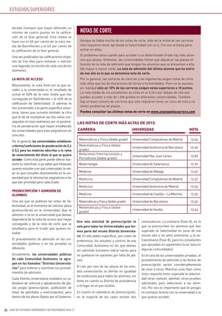 GUÍA DE ESTUDIOS SUPERIORES Y DE POSTGRADO 2016-1730
derada (siempre que hayas obtenido un
mínimo de cuatro puntos en la califica-
ción de la fase general). Esta media se
hace con el 60 por ciento de la nota me-
dia de Bachillerato y el 40 por ciento de
la calificación de la fase general.
Una vez publicadas las calificaciones dispo-
nes de tres días para reclamar o solicitar
una segunda corrección de cada uno de los
exámenes.
LA NOTA DE ACCESO
Básicamente, la nota final con la que ac-
cedes a la universidad es el resultado de
sumar el 60% de la nota media que has
conseguido en Bachillerato + el 40% de la
calificación de Selectividad. Si además te
has presentado a la parte específica volun-
taria, tienes que sumarle también la cifra
que te dé de multiplicar las dos notas con-
seguidas en esos exámenes por el paráme-
tro de ponderación que hayan establecido
las universidades para esas asignaturas en
concreto.
Por lo general, las universidades establecen
criterios/coeficientes de ponderación de 0,1
ó 0,2 para las materias adscritas a la rama
de conocimiento del título al que se quiere
acceder. Como esta parte puede alterar bas-
tante tu nota final, si ya sabes qué titulación
quieres estudiar y en qué universidad, lo me-
jor es que consultes directamente en la uni-
versidad que te interesa las asignaturas a las
que dan prioridad para cada Grado.
PREINSCRIPCIÓN Y ADMISIÓN DE
ALUMNOS
Una vez que se publican las notas de Se-
lectividad, es el momento de solicitar plaza
(preinscribirse) en la Universidad. Que te
admitan o no en la universidad que deseas
dependerá de la nota de acceso que hayas
conseguido y de la nota de corte que se
establezca para el Grado que quieres es-
tudiar.
El procedimiento de admisión en las uni-
versidades públicas y en las privadas es
diferente.
Actualmente, las universidades públicas
de cada Comunidad Autónoma se agru-
pan en los llamados “Distritos Universita-
rios” para ordenar y coordinar sus procedi-
mientos de admisión.
Cada Distrito Universitario establece un ca-
lendario de solicitud y adjudicación de pla-
zas propio (preinscripción, publicación de
listas de admitidos y matriculación), pero
dentro de los plazos fijados por el Gobierno.
Una sola solicitud de preinscripción te
vale para todas las Universidades que for-
men parte del mismo Distrito Universita-
rio. En ella debes especificar, por orden de
preferencia, los estudios y centros de esa
Comunidad Autónoma en los que deseas
ser admitido (conviene indicar varios para
no quedarse sin opciones por falta de pla-
zas).
El cien por cien de las plazas de los estu-
dios universitarios se ofertan en igualdad
de condiciones para todos los alumnos, sin
tener en cuenta su Distrito de procedencia
o el lugar en el que residan.
En cuanto al calendario de preinscripción,
en la mayoría de los casos existen dos
convocatorias. La ordinaria (Fase A), en la
que se preinscriben los alumnos que han
superado la Selectividad en junio de ese
mismo año o en años anteriores; y la ex-
traordinaria (Fase B), para los estudiantes
que aprueben en septiembre (o en Julio en
algunas comunidades).
En el caso de las universidades privadas, el
procedimiento de admisión y las fechas de
preinscripción varían considerablemente
de unas a otras. Mientras unas fijan como
único requisito tener superada la selectivi-
dad otras realizan, además, otras pruebas
adicionales para seleccionar a los alum-
nos. Por eso es importante que te pongas
en contacto directo con la universidad a la
que quieras acceder.
ESTUDIOS SUPERIORES
NOTAS DE CORTE
Aunque se habla mucho de las notas de corte, más de la mitad de las carreras
sólo requieren tener aprobada la Selectividad con un 5. Con eso te basta para
entrar en ellas.
El problema viene cuando para acceder a un determinado Grado hay más alum-
nos que plazas. Entonces, las universidades tienen que adjudicar las plazas en
función de la nota de admisión que tengan los alumnos que se presentan a ella
(de mayor a menor nota). La nota de admisión del último alumno que ha entra-
do ese año es lo que se denomina nota de corte.
Por lo general, las carreras de ciencias y las ingenierías exigen notas de corte
más altas que las de titulaciones de letras o humanidades. Pero no te asustes,
en realidad sólo un 10% de las carreras exigen notas superiores a 10 puntos.
La nota media de los estudiantes se sitúa en el 6,79 y por debajo de ella aún
puedes acceder a más de 1.000 grados en diferentes universidades. También
hay un buen número de carreras que sólo requieren tener un cinco de nota y no
tienen problemas de plazas.
Puedes consultar las últimas notas de corte en www.avanzaentucarrera.com
CARRERA UNIVERSIDAD NOTA
Matemáticas y Física (doble grado) Universidad Complutense de Madrid 13,04
Matemáticas y Física (doble
grado)
Universidad Autónoma de Barcelona 12,90
Relaciones Internacionales y
Periodismo (doble grado)
Universidad Rey Juan Carlos 12,89
Biotecnología Universidad de Salamanca 12,70
Medicina Universidad de Málaga 12,62
Medicina Universidad Complutense de Madrid 12,57
Medicina Universidad Autónoma de Madrid 12,55
Medicina Universidad de Castilla – La Mancha 12,55
MatemáticasyFísica(doblegrado) Universidad de Barcelona 12,55
Matemáticas y Física (doble
grado)
Universidad de Sevilla 12,53
lAS NOTAS DE CORTE máS AlTAS DE 2015:
 