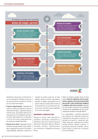 GUÍA DE ESTUDIOS SUPERIORES Y DE POSTGRADO 2016-1734
facilidad de abstracción, inclinación ha-
cia la investigación metódica, gusto por
los acontecimientos científicos e interés
por las nuevas tecnologías.
• Ciencias experimentales: Capacidad de
análisis y síntesis, percepción y atención,
razonamiento lógico, capacidad espacial,
sentido crítico, rigurosidad, destreza ma-
nual, gusto por la investigación, gusto por
los temas relacionados con la naturaleza
y con los seres vivos y preocupación por
los problemas medioambientales.
• Ciencias de la salud: Capacidad para las
relaciones interpersonales, tacto y delica-
deza, capacidad de escucha y de análisis,
responsabilidad, dedicación, tolerancia y
vocación de servicio, gusto por la inves-
tigación, destreza manual, rigurosidad y
atención al detalle, preocupación por la
salud e interés en el desarrollo humano, el
funcionamiento y las reacciones del cuer-
po humano, memoria visual y adaptación
a las nuevas tecnologías.
INGENIERÍA Y ARQUITECTURA
Recoge los Grados sobre Agricultura y
Ganadería, Aeronáutica, Arquitectura y
Edificación, Obra Civil, Diseño Industrial,
Industrial, Informática, Marina y Náutica,
Forestales, Química, Telecomunicacio-
nes, Geomática y Topografía y Energía y
Minas.
Todos los estudios incluidos dentro de este
campo, tanto las ingenierías como la arqui-
tectura, imparten una formación generalista
que permite a estos profesionales adaptarse
a cualquier sector de la economía realizando
las más variadas funciones. Esta versatilidad
incrementa las posibilidades de estos profe-
sionales para acceder al mercado laboral.
Las capacidades y aptitudes generales
que requieren son: Aptitudes mecánicas,
capacidad de percepción y atención, ca-
pacidad de creación e innovación, apti-
tudes espaciales, capacidad de análisis,
sentido práctico, aptitud numérica, ri-
gurosidad y atención al detalle, razona-
miento lógico y sentido de la organiza-
ción y del método..
ESTUDIOS SUPERIORES
 