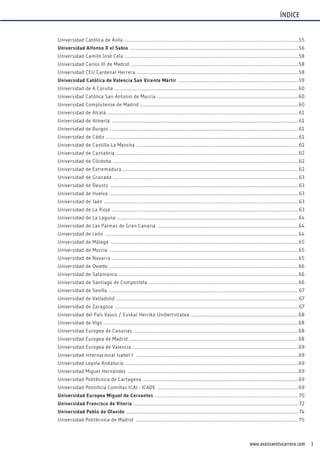 3www.avanzaentucarrera.com
Universidad Católica de Ávila ................................................................................................................................................................55
Universidad Alfonso X el Sabio ...........................................................................................................................................................56
Universidad Camilo José Cela ................................................................................................................................................................58
Universidad Carlos III de Madrid ..........................................................................................................................................................58
Universidad CEU Cardenal Herrera .....................................................................................................................................................58
Universidad Católica de Valencia San Vicente mártir ...............................................................................................................59
Universidad de A Coruña .........................................................................................................................................................................60
Universidad Católica San Antonio de Murcia ..................................................................................................................................60
Universidad Complutense de Madrid ..................................................................................................................................................60
Universidad de Alcalá ................................................................................................................................................................................61
Universidad de Almería ............................................................................................................................................................................61
Universidad de Burgos ..............................................................................................................................................................................61
Universidad de Cádiz .................................................................................................................................................................................61
Universidad de Castilla-La Mancha .....................................................................................................................................................62
Universidad de Cantabria ........................................................................................................................................................................62
Universidad de Córdoba ...........................................................................................................................................................................62
Universidad de Extremadura ..................................................................................................................................................................62
Universidad de Granada ...........................................................................................................................................................................63
Universidad de Deusto ..............................................................................................................................................................................63
Universidad de Huelva ..............................................................................................................................................................................63
Universidad de Jaén ...................................................................................................................................................................................63
Universidad de La Rioja ............................................................................................................................................................................63
Universidad de La Laguna .......................................................................................................................................................................64
Universidad de Las Palmas de Gran Canaria ..................................................................................................................................64
Universidad de León ..................................................................................................................................................................................64
Universidad de Málaga .............................................................................................................................................................................65
Universidad de Murcia ..............................................................................................................................................................................65
Universidad de Navarra ............................................................................................................................................................................65
Universidad de Oviedo ..............................................................................................................................................................................66
Universidad de Salamanca ......................................................................................................................................................................66
Universidad de Santiago de Compostela ..........................................................................................................................................66
Universidad de Sevilla ...............................................................................................................................................................................67
Universidad de Valladolid ........................................................................................................................................................................67
Universidad de Zaragoza .........................................................................................................................................................................67
Universidad del País Vasco / Euskal Herriko Unibertsitatea ...................................................................................................68
Universidad de Vigo ...................................................................................................................................................................................68
Universidad Europea de Canarias ........................................................................................................................................................68
Universidad Europea de Madrid ............................................................................................................................................................68
Universidad Europea de Valencia .........................................................................................................................................................69
Universidad Internacional Isabel I ......................................................................................................................................................69
Universidad Loyola Andalucía ................................................................................................................................................................69
Universidad Miguel Hernández .............................................................................................................................................................69
Universidad Politécnica de Cartagena ...............................................................................................................................................69
Universidad Pontificia Comillas ICAI - ICADE ..................................................................................................................................69
Universidad Europea miguel de Cervantes ....................................................................................................................................70
Universidad francisco de Vitoria ........................................................................................................................................................ 72
Universidad Pablo de Olavide ............................................................................................................................................................... 74
Universidad Politécnica de Madrid ...................................................................................................................................................... 75
ÍNDICE
 