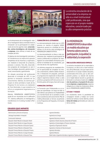 53www.avanzaentucarrera.com
GRADOS UNIVERSITARIOS
La estrecha vinculación de la
universidad a la empresa no
sólo es a nivel institucional
y del profesorado, sino que
repercute en el propio modelo
educativo, caracterizado por
su alto componente práctico
en el alineamiento de la investigación –des-
de la investigación básica orientada hasta la
innovación- con la participación en colabo-
ración de los tres agentes clave: universida-
des, centros tecnológicos y de innovación
y empresas, estas últimas a través de sus
unidades de I+D+i.
El objetivo de esta Investigación orientada a
la Transferencia es la mejora de la posición
competitiva de las empresas y organizacio-
nes mediante el desarrollo de productos,
procesos o servicios. Para ello, desarrolla-
mos proyectos de investigación en seis lí-
neas: tecnología, educación, gestión empre-
sarial, comunicación y gastronomía.
Un elevado porcentaje del profesorado
desarrolla la actividad de I+DT, lo que
permite la renovación constante de sus
conocimientos. Además, los alumnos par-
ticipan en dicha actividad a través de los
Proyectos Fin de Carrera y la realización
de Tesis Doctorales, lo que convierte a la
I+D en un complemento importante en su
formación.
Además, MONDRAGON UNIBERTSITATEA
acaba de ser reconocida con la calificación
“A”, máxima calificación, en investigación y
transferencia en el ranking mundial U-Mul-
tirank.
Formación en eL extranjero
La internacionalización desde que en 1972
pusimos en marcha el proyecto GOIER,
experiencia pionera en movilidad de estu-
diantes, es uno de los retos estratégicos de
MONDRAGON UNIBERTSITATEA.
La internacionalización se lleva a cabo por
diferentes vías: mediante la participación de
nuestro profesorado en proyectos de inves-
tigación con universidades extranjeras y me-
diante la movilidad de los estudiantes, por
citar dos de las más significativas.
Los distintos programas de movilidad ofre-
cen la oportunidad de completar los estu-
dios universitarios, obtener dobles titulacio-
nes o titulaciones de posgrado, participar
en programas de cooperación al desarrollo,
adquirir experiencia laboral y llevar a cabo
prácticas y proyectos de fin de carrera en di-
ferentes países de Europa y fuera de Europa.
Formación contínua
La Formación para Profesionales es un es-
pacio de aprendizaje a lo largo de toda su
vida laboral, que potencia la empleabilidad
y la transformación de la sociedad a través
de la transferencia del conocimiento. Más de
5.600 profesionales se forman anualmente
en los Programas de Posgrado y Formación
Continua.
vincuLación universidad-empresa
La estrecha vinculación de la universidad a
la empresa, no sólo se da a nivel institucio-
nal y del profesorado, sino que repercute di-
rectamente en el propio modelo educativo,
caracterizado entre otros, por su alto com-
ponente práctico. La relación del alumno
con el tejido laboral durante su período de
formación se articula a través de la realiza-
ción de prácticas y el proyecto fin de carre-
ra en empresas y organizaciones, aspectos
obligatorios en todas las titulaciones oferta-
das en MONDRAGON UNIBERTSITATEA.
estudio y trabajo
Los estudiantes tienen la posibilidad de
compaginar estudio y trabajo con turnos
lectivos de mañana o tarde. Además, existen
bolsas de trabajo gestionadas por cada uno
de los centros.
GRADOS QUE IMPARTE
EnmONDRAGON
UNIbERTSITATEAdesarrollan
unmodeloeducativoque
fomentavalorescomola
participación,laigualdad,la
solidaridadylacooperación
Administración y Dirección de Empresas Ingeniería Biomédica
Liderazgo Emprendedor e Innovación Ingeniería de la Energía
Comunicación Audiovisual Ingeniería Electrónica Industrial
Educación Infantil. Mención en Educación Infantil Ingeniería en Diseño Industrial y Desarrollo de Producto
Educación Infantil. Mención en Lengua Extranjera Ingeniería en Ecotecnologías en Procesos Industriales
Educación Primaria. Mención en Educación Especial Ingeniería en Organización Industrial
Educación Primaria. Mención en Educación Física Ingeniería en Sistemas de Telecomunicación
Educación Primaria. Mención en Educación Primaria Ingeniería Informática
Educación Primaria. Mención en Lengua Extranjera Ingeniería Mecánica
Educación Primaria. Mención en Educación Física Doble Grado en IngenieríIa nformática e Ingeniería en Sistemas de Telecomunicación
 