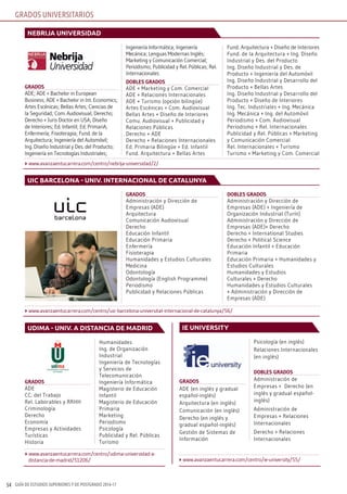 GUÍA DE ESTUDIOS SUPERIORES Y DE POSTGRADO 2016-1754
grados
ADE
CC. del Trabajo
Rel. Laborables y RRHH
Criminología
Derecho
Economía
Empresas y Actividades
Turísticas
Historia
Humanidades
Ing. de Organización
Industrial
Ingeniería de Tecnologías
y Servicios de
Telecomunicación
Ingeniería Informática
Magisterio de Educación
Infantil
Magisterio de Educación
Primaria
Marketing
Periodismo
Psicología
Publicidad y Rel. Públicas
Turismo
grados
ADE (en inglés y gradual
español-inglés)
Arquitectura (en inglés)
Comunicación (en inglés)
Derecho (en inglés y
gradual español-inglés)
Gestión de Sistemas de
Información
Psicología (en inglés)
Relaciones Internacionales
(en inglés)
dobles grados
Administración de
Empresas + Derecho (en
inglés y gradual español-
inglés)
Administración de
Empresas + Relaciones
Internacionales
Derecho + Relaciones
Internacionales
udima - univ. a distancia de madrid ie university
GRADOS UNIVERSITARIOS
www.avanzaentucarrera.com/centro/udima-universidad-a-
distancia-de-madrid/51206/ www.avanzaentucarrera.com/centro/ie-university/55/
grados
Administración y Dirección de
Empresas (ADE)
Arquitectura
Comunicación Audiovisual
Derecho
Educación Infantil
Educación Primaria
Enfermería
Fisioterapia
Humanidades y Estudios Culturales
Medicina
Odontología
Odontología (English Programme)
Periodismo
Publicidad y Relaciones Públicas
dobles grados
Administración y Dirección de
Empresas (ADE) + Ingeniería de
Organización Industrial (Turín)
Administración y Dirección de
Empresas (ADE)+ Derecho
Derecho + International Studies
Derecho + Political Science
Educación Infantil + Educación
Primaria
Educación Primaria + Humanidades y
Estudios Culturales
Humanidades y Estudios
Culturales + Derecho
Humanidades y Estudios Culturales
+ Administración y Dirección de
Empresas (ADE)
uic Barcelona - univ. internacional de catalunya
www.avanzaentucarrera.com/centro/uic-barcelona-universitat-internacional-de-catalunya/56/
grados
ADE; ADE + Bachelor in European
Business; ADE + Bachelor in Int. Economics;
Artes Escénicas; Bellas Artes; Ciencias de
la Seguridad; Com. Audiovisual; Derecho;
Derecho + Juris Doctor en USA; Diseño
de Interiores; Ed. Infantil; Ed. PrimariA;
Enfermería; Fisioterapia; Fund. de la
Arquitectura; Ingeniería del Automóvil;
Ing. Diseño Industrial y Des. del Producto;
Ingeniería en Tecnologías Industriales;
Ingeniería Informática; Ingeniería
Mecánica; Lenguas Modernas Inglés;
Marketing y Comunicación Comercial;
Periodismo; Publicidad y Rel. Públicas; Rel.
Internacionales
dobles grados
ADE + Marketing y Com. Comercial
ADE + Relaciones Internacionales
ADE + Turismo (opción bilingüe)
Artes Escénicas + Com. Audiovisual
Bellas Artes + Diseño de Interiores
Comu. Audiovisual + Publicidad y
Relaciones Públicas
Derecho + ADE
Derecho + Relaciones Internacionales
Ed. Primaria Bilingüe + Ed. Infantil
Fund. Arquitectura + Bellas Artes
Fund. Arquitectura + Diseño de Interiores
Fund. de la Arquitectura + Ing. Diseño
Industrial y Des. del Producto
Ing. Diseño Industrial y Des. de
Producto + Ingeniería del Automóvil
Ing. Diseño Industrial y Desarrollo del
Producto + Bellas Artes
Ing. Diseño Industrial y Desarrollo del
Producto + Diseño de Interiores
Ing. Tec. Industriales + Ing. Mecánica
Ing. Mecánica + Ing. del Automóvil
Periodismo + Com. Audiovisual
Periodismo + Rel. Internacionales
Publicidad y Rel. Públicas + Marketing
y Comunicación Comercial
Rel. Internacionales + Turismo
Turismo + Marketing y Com. Comercial
neBrija universidad
www.avanzaentucarrera.com/centro/nebrija-universidad/2/
 