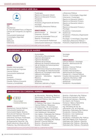 GUÍA DE ESTUDIOS SUPERIORES Y DE POSTGRADO 2016-1758
grados
ADE
Arquitectura
CC. de la Actividad Física y el Deporte
Ciencias del Transporte y la Logística
Cine
Comunicación Audiovisual
Criminología y Seguridad
Derecho
Edificación
Enfermería
Fisioterapia
Maestro en Educación Infantil
Maestro en Educación Primaria
Paisajismo
Periodismo
Protocolo y Organización de Eventos
Psicología
Publicidad y Relaciones Públicas
dobles grados
Administración y Dirección de
Empresas + Derecho
Ciencias de la Actividad Física y el
Deporte + Fisioterapia
Cine + Comunicación Audiovisual
Comunicación Audiovisual + Publicidad
y Relaciones Públicas
Derecho + Criminología y Seguridad
Enfermería + Fisioterapia
Maestro en Educación Infantil +
Maestro en Educación Primaria
Maestro en Educación Infantil +
Psicología
Maestro en Educación Primaria +
Psicología
Periodismo + Comunicación
Audiovisual
Periodismo + Protocolo y Organización
de Eventos
Psicología + Criminología y Seguridad
Publicidad y Relaciones Públicas +
Protocolo y Organización de Eventos
grados
Estudios Internacionales
Administración de Empresas
Ciencias Políticas
Comunicación Audiovisual
Derecho
Economía
Estadística y Empresa
Filosofía, Política y Economía
Finanzas y Contabilidad
Humanidades
Información y Documentación
Ingeniería Aeroespacial
Ingeniería Biomédica
Ingeniería de la Energía
Ingeniería de Sistemas Audiovisuales
Ing. de Sistemas de Comunicaciones
Ingeniería Eléctrica
Ing. Electrónica Industrial y Automática
Ing. Tecnologías de Telecomunicación
Ingeniería en Tecnologías Industriales
Ingeniería Informática
Ingeniería Informática Ingeniería
Mecánica
Ingeniería Telemática
Periodismo
Relaciones Laborales y Empleo
Sociología
Turismo
dobles grados
Ciencias Políticas + Sociología
Derecho + Administración de
Empresas
Derecho + Ciencias Políticas
Derecho + Economía
Estudios Internacionales +
Administración de Empresas
Estudios Int. + Ciencias Políticas
Estudios Internacionales + Derecho
Ingeniería Informática + ADE
Periodismo + Comunicación
Audiovisual
Periodismo + Humanidades
universidad camilo josé cela
universidad carlos iii de madrid
GRADOS UNIVERSITARIOS
www.avanzaentucarrera.com/centro/universidad-camilo-jose-cela/66/
www.avanzaentucarrera.com/centro/universidad-carlos-iii-de-madrid/5/
grados
Arquitectura; Ciencias Políticas;
Comunicación Audiovisual;
Comunicación Digital; Derecho;
Dirección de Empresas; Educación
Infantil; Educación Primaria;
Enfermería; Farmacia; Fisioterapia;
Gastronomía; Ing. Energía Ing.
de Organización Industrial ; Ing.
Diseño Industrial y Desarrollo de
Productos; Ing. Informática de Sist.
de Información ; Marketing; Medicina;
Odontología; Periodismo; Publicidad y
Relaciones Públicas; Veterinaria
dobles grados
CC. Políticas / Rel. Intern. + Periodismo
Ciencias Políticas / Relaciones
Internacionales + Dir. de Empresas
CC. Políticas / Rel. Internacionales +
Publicidad y Relaciones Públicas
Com. Audiovisual + Periodismo
Com. Audiov. + Publicidad y Rel. Públicas
Com. Digital + Com. Audiovisual
Comunicación Digital + Periodismo
Com. Digital + Publicidad y Rel. Públicas
Derecho + Ciencias Políticas
Derecho + Dirección de Empresas
Derecho + Periodismo
Derecho + Publicidad y Rel. Públicas
Dirección de Empresas + Derecho
Dirección de Empresas + Marketing
Ed. Infantil + Ed. Primaria
Farmacia + Óptica y Optometría
Fisioterapia + Enfermería
Ing. Informática de Sist. de
Información + Dir. de Empresas
Marketing + Publicidad y Rel. Públicas
Periodismo + Ciencias Políticas
Periodismo + Com. Audiovisual
Periodismo + Derecho
Periodismo + Publicidad y Rel. Públicas
Publ. y Rel. Públicas +Com. Audiovisual
Publicidad y Rel. Públicas + Derecho
Publicidad y Rel. Públicas + Marketing
Publicidad y Rel. Públicas + Periodismo
universidad ceu cardenal herrera
www.avanzaentucarrera.com/centro/universidad-ceu-cardenal-herrera/65/
 