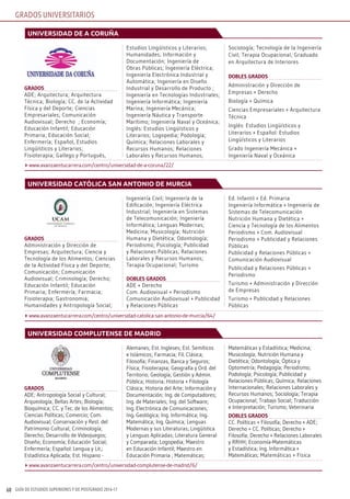 GUÍA DE ESTUDIOS SUPERIORES Y DE POSTGRADO 2016-1760
GRADOS UNIVERSITARIOS
grados
ADE; Arquitectura; Arquitectura
Técnica; Biología; CC. de la Actividad
Física y del Deporte; Ciencias
Empresariales; Comunicación
Audiovisual; Derecho ; Economía;
Educación Infantil; Educación
Primaria; Educación Social;
Enfermería; Español, Estudios
Lingüísticos y Literarios;
Fisioterapia; Gallego y Portugués,
Estudios Lingüísticos y Literarios;
Humanidades; Información y
Documentación; Ingeniería de
Obras Públicas; Ingeniería Eléctrica;
Ingeniería Electrónica Industrial y
Automática; Ingeniería en Diseño
Industrial y Desarrollo de Producto ;
Ingeniería en Tecnologías Industriales;
Ingeniería Informática; Ingeniería
Marina; Ingeniería Mecánica;
Ingeniería Náutica y Transporte
Marítimo; Ingeniería Naval y Oceánica;
Inglés: Estudios Lingüísticos y
Literarios; Logopedia; Podología;
Química; Relaciones Laborales y
Recursos Humanos; Relaciones
Laborales y Recursos Humanos;
Sociología; Tecnología de la Ingeniería
Civil; Terapia Ocupacional; Graduado
en Arquitectura de Interiores
dobles grados
Administración y Dirección de
Empresas + Derecho
Biología + Química
Ciencias Empresariales + Arquitectura
Técnica
Inglés: Estudios Lingüísticos y
Literarios + Español: Estudios
Lingüísticos y Literarios
Grado Ingeniería Mecánica +
Ingeniería Naval y Oceánica
universidad de a coruña
www.avanzaentucarrera.com/centro/universidad-de-a-coruna/22/
grados
Administración y Dirección de
Empresas; Arquitectura; Ciencia y
Tecnología de los Alimentos; Ciencias
de la Actividad Física y del Deporte;
Comunicación; Comunicación
Audiovisual; Criminología; Derecho;
Educación Infantil; Educación
Primaria; Enfermería; Farmacia;
Fisioterapia; Gastronomia;
Humanidades y Antropología Social;
Ingeniería Civil; Ingeniería de la
Edificación; Ingeniería Eléctrica
Industrial; Ingeniería en Sistemas
de Telecomunicación; Ingeniería
Informática; Lenguas Modernas;
Medicina; Musicología; Nutrición
Humana y Dietética; Odontología;
Periodismo; Psicología; Publicidad
y Relaciones Públicas; Relaciones
Laborales y Recursos Humanos;
Terapia Ocupacional; Turismo
dobles grados
ADE + Derecho
Com. Audiovisual + Periodismo
Comunicación Audiovisual + Publicidad
y Relaciones Públicas
Ed. Infantil + Ed. Primaria
Ingeniería Informática + Ingeniería de
Sistemas de Telecomunicación
Nutrición Humana y Dietética +
Ciencia y Tecnología de los Alimentos
Periodismo + Com. Audiovisual
Periodismo + Publicidad y Relaciones
Públicas
Publicidad y Relaciones Públicas +
Comunicación Audiovisual
Publicidad y Relaciones Públicas +
Periodismo
Turismo + Administración y Dirección
de Empresas
Turismo + Publicidad y Relaciones
Públicas
universidad catÓlica san antonio de murcia
www.avanzaentucarrera.com/centro/universidad-catolica-san-antonio-de-murcia/64/
grados
ADE; Antropología Social y Cultural;
Arqueología; Bellas Artes; Biología;
Bioquímica; CC. y Tec. de los Alimentos;
Ciencias Políticas; Comercio; Com.
Audiovisual; Conservación y Rest. del
Patrimonio Cultural; Criminología;
Derecho; Desarrollo de Videojuegos;
Diseño; Economía; Educación Social;
Enfermería; Español: Lengua y Lit.;
Estadística Aplicada; Est. Hispano -
Alemanes; Est. Ingleses; Est. Semíticos
e Islámicos; Farmacia; Fil. Clásica;
Filosofía; Finanzas, Banca y Seguros;
Física; Fisioterapia; Geografía y Ord. del
Territorio; Geología; Gestión y Admin.
Pública; Historia; Historia + Filología
Clásica; Historia del Arte; Información y
Documentación; Ing. de Computadores;
Ing. de Materiales; Ing. del Software;
Ing. Electrónica de Comunicaciones;
Ing. Geológica; Ing. Informática; Ing.
Matemática; Ing. Química; Lenguas
Modernas y sus Literaturas; Lingüística
y Lenguas Aplicadas; Literatura General
y Comparada; Logopedia; Maestro
en Educación Infantil; Maestro en
Educación Primaria ; Matemáticas;
Matemáticas y Estadística; Medicina;
Musicología; Nutrición Humana y
Dietética; Odontología; Óptica y
Optometría; Pedagogía; Periodismo;
Podología; Psicología; Publicidad y
Relaciones Públicas; Química; Relaciones
Internacionales; Relaciones Laborales y
Recursos Humanos; Sociología; Terapia
Ocupacional; Trabajo Social; Traducción
e Interpretación; Turismo; Veterinaria
dobles grados
CC. Políticas + Filosofía; Derecho + ADE;
Derecho + CC. Políticas; Derecho +
Filosofía; Derecho + Relaciones Laborales
y RRHH; Economía-Matemáticas
y Estadística; Ing. Informática +
Matemáticas; Matemáticas + Física
universidad complutense de madrid
www.avanzaentucarrera.com/centro/universidad-complutense-de-madrid/6/
 