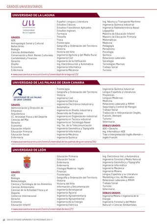 GUÍA DE ESTUDIOS SUPERIORES Y DE POSTGRADO 2016-1764
grados
ADE
Antropología Social y Cultural
Bellas Artes
Biología
Ciencias Ambientales
Conservación y Rest. Bienes Culturales
Contabilidad y Finanzas
Derecho
Diseño
Economía
Enfermería
Español: Lengua y Literatura
Estudios Clásicos
Estudios Francófonos Aplicados
Estudios Ingleses
Farmacia
Filosofía
Física
Fisioterapia
Geografía y Ordenación del Territorio
Historia
Historia del Arte
Ingeniería Agrícola y del Medio Rural
Ingeniería Civil
Ingeniería de la Edificación
Ing. Electrónica Ind. y Automática
Ingeniería Informática
Ingeniería Mecánica
Ing. Náutica y Transporte Marítimo
Ingeniería Química Industrial
Ingeniería Radioelectrónica Naval
Logopedia
Maestro de Educación Infantil
Maestro de Educación Primaria
Matemáticas
Medicina
Pedagogía
Periodismo
Psicología
Química
Relaciones Laborales
Sociología
Tecnologías Marinas
Trabajo Social
Turismo
universidad de la laguna
GRADOS UNIVERSITARIOS
www.avanzaentucarrera.com/centro/universidad-de-la-laguna/23/
grados
Administración y Dirección de
Empresas
Arquitectura
CC. Actividad Física y del Deporte
Ciencias del Mar
Derecho
Economía
Educación Infantil
Educación Primaria
Educación Social
Enfermería
Fisioterapia
Geografía y Ordenación del Territorio
Historia
Ingeniería Civil
Ingeniería Eléctrica
Ingeniería Electrónica Industrial y
Automática
Ingeniería en Diseño Industrial y
Desarrollo de Productos
Ingeniería en Organización Industrial
Ingeniería en Tecnica industrial
Ingeniería en Tecnología Naval
Ing. Tec. de la Telecomunicación
Ingeniería Geomática y Topografía
Ingeniería Informática
Ingeniería Mecánica
Ingeniería Química
Ingeniería Química Industrial
Lengua Española y Literaturas
Hispánicas
Lenguas Modernas
Medicina
Relaciones Laborales y RRHH
Seguridad y Control de Riesgos
Trabajo Social
Traducción e Interpretación (Inglés,
Francés, Alemán)
Turismo
Veterinaria
dobles grados
ADE + Derecho
Ing. Informática + ADE
Trad. e Interpretacción Inglés-Alemán +
Inglés-Francés
universidad de las palmas de gran canaria
www.avanzaentucarrera.com/centro/universidad-de-las-palmas-de-gran-canaria/26/
grados
ADE
Biología
Biotecnología
Ciencia y Tecnología de los Alimentos
Ciencias Ambientales
Ciencias de la Actividad Física y el
Deporte
Comercio Internacional
Derecho
Economía
Educación Infantil
Educación Primaria
Educación Social
Enfermería
Enfermería
Filología Moderna. Inglés
Finanzas
Fisioterapia
Geografía y Ordenación del Territorio
Historia
Historia del Arte
Información y Documentación
Ingeniería Aeroespacial
Ingeniería Agraria
Ingeniería Agroalimentaria
Ingeniería Agroambiental
Ingeniería de la Energía
Ingeniería Eléctrica
Ing. Electrónica Ind. y Automática
Ingeniería Forestal y Medio Natural
Ingeniería Geomática y Topografía
Ingeniería Informática
Ingeniería Mecánica
Ingeniería Minera
Lengua Española y su Literatura
Marketing e Inv. de Mercados
Relaciones Laborales y RRHH
Trabajo Social
Turismo
Veterinaria
dobles grados
Ingeniería Minera + Ingeniería de la
Energía
Ingeniería Forestal y del Medio
Natural + Ciencias Ambientales
universidad de leÓn
www.avanzaentucarrera.com/centro/universidad-de-leon/27/
 