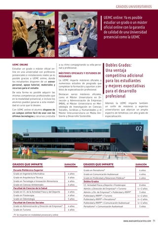 71www.avanzaentucarrera.com
GRADOS UNIVERSITARIOS
UEmc online: Ya es posible
estudiar un grado o un máster
oficial online con la garantía
de calidad de una Universidad
presencial como la UEMC
uemc online
Estudiar un grado o máster oficial on-
line en una universidad con profesores
presenciales e instalaciones reales ya es
posible gracias a UEMC online, donde
los estudiantes disponen de un asesor
personal, apoyo tutorial, materiales y
recursos para el estudio.
De esta forma es posible adquirir las
mismas competencias profesionales que
en la modalidad presencial, e incluso los
alumnos pueden pasarse a esta modali-
dad el curso que lo deseen.
Con UEMC online el alumno dispone de
un campus online fácil de usar con las
últimas tecnologías y recursos y estudia
a su ritmo compaginando su vida perso-
nal y profesional.
másteRes oFiciales y estudios de
posgRado
La UEMC imparte másteres oficiales y
numerosos estudios de posgrado que
completan la formación y apuntan a ám-
bitos de especialización profesional.
Destacan varios másteres oficiales,
como el Máster Universitario en Di-
rección y Administración de Empresas
(MBA), el Máster Universitario en Met-
odología de Investigación en Ciencias
Sociales, Jurídicas y Humanidades y el
Máster Interuniversitario en Medio Am-
biente y Desarrollo Sostenible.
Además la UEMC imparte también
un sinfín de másteres y expertos
universitarios que abarcan un amplio
espectro de temáticas con alto grado de
especialización.
Dobles Grados:
Una ventaja
competitiva adicional
para los estudiantes
y mejores expectativas
para el desarrollo
profesional
GraDos QUe imparTe DUración GraDos QUe imparTe DUración
escuela politécnica superior
Grado en Ingeniería Informática 4 años
Grado en Arquitectura Técnica 4 años
Grado en Tecnología e Innovación Alimentaria 4 años
Grado en Ciencias Ambientales 4 años
Facultad de ciencias de la salud
Grado en CC. de la Actividad Física y del Deporte 4 años
Grado en Fisioterapia 4 años
Grado en Odontología 5 años
Facultad de ciencias sociales
Grado en Administración y Dirección de Empresas* 4 años
Grado en Turismo 4 años
Grado en Periodismo* 4 años
Grado en Comunicación Audiovisual 4 años
Grado en Publicidad y Relaciones Públicas* 4 años
dobles grados
CC. Actividad Física y Deporte + Fisioterapia 6 años
Admón. y Dirección de Empresas* + Turismo 4 + 2 años
Admón. y Dir. de Empresas* + Publicidad y RRPP* 5 años
Publicidad y RRPP* + Turismo 4 + 2 años
Publicidad y RRPP* + Periodismo* 4 + 2 años
Publicidad y RRPP* + Comunicación Audiovisual 4 + 2 años
Periodismo* + Comunicación Audiovisual 5 años
(*) Se imparten en modalidad presencial y online
 
