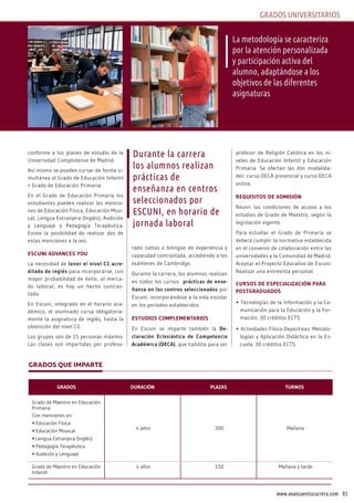 83www.avanzaentucarrera.com
GRADOS UNIVERSITARIOS
La metodología se caracteriza
por la atención personalizada
y participación activa del
alumno, adaptándose a los
objetivos de las diferentes
asignaturas
conforme a los planes de estudio de la
Universidad Complutense de Madrid.
Así mismo se pueden cursar de forma si-
multánea el Grado de Educación Infantil
+ Grado de Educación Primaria.
En el Grado de Educación Primaria los
estudiantes pueden realizar las mencio-
nes de Educación Física, Educación Musi-
cal, Lengua Extranjera (Inglés), Audición
y Lenguaje y Pedagogía Terapéutica.
Existe la posibilidad de realizar dos de
estas menciones a la vez.
eScuNi advaNceS you
La necesidad de tener el nivel c1 acre-
ditado de inglés para incorporarse, con
mayor probabilidad de éxito, al merca-
do laboral, es hoy un hecho contras-
tado.
En Escuni, integrado en el horario aca-
démico, el alumnado cursa obligatoria-
mente la asignatura de inglés, hasta la
obtención del nivel C1.
Los grupos son de 15 personas máximo.
Las clases son impartidas por profeso-
rado nativo o bilingüe de experiencia y
capacidad contrastada, accediendo a los
exámenes de Cambridge.
Durante la carrera, los alumnos realizan
en todos los cursos prácticas de ense-
ñanza en los centros seleccionados por
Escuni, incorporándose a la vida escolar
en los períodos establecidos.
eStudioS coMpLeMeNtarioS
En Escuni se imparte también la de-
claración eclesiástica de competencia
académica (deca), que habilita para ser
profesor de Religión Católica en los ni-
veles de Educación Infantil y Educación
Primaria. Se ofertan las dos modalida-
des: curso DECA presencial y curso DECA
online.
reQuiSitoS de adMiSióN
Reunir las condiciones de acceso a los
estudios de Grado de Maestro, según la
legislación vigente.
Para estudiar el Grado de Primaria se
deberá cumplir la normativa establecida
en el convenio de colaboración entre las
universidades y la Comunidad de Madrid.
Aceptar el Proyecto Educativo de Escuni.
Realizar una entrevista personal.
curSoS de eSpeciaLizacióN para
poStgraduadoS
• Tecnologías de la Información y la Co-
municación para la Educación y la For-
mación. 30 créditos ECTS
• Actividades Físico-Deportivas: Metodo-
logías y Aplicación Didáctica en la Es-
cuela. 30 créditos ECTS.
Grados QUe iMParte
Durante la carrera
los alumnos realizan
prácticas de
enseñanza en centros
seleccionados por
EScUNI, en horario de
jornada laboral
gradoS duracióN pLazaS turNoS
Grado de Maestro en Educación
Primaria
Con menciones en:
• Educación Física
• Educación Musical
• Lengua Extranjera (Inglés)
• Pedagogía Terapéutica
• Audición y Lenguaje
4 años 200 Mañana
Grado de Maestro en Educación
Infantil
4 años 150 Mañana y tarde
 
