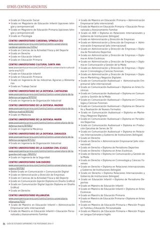 GUÍA DE ESTUDIOS SUPERIORES Y DE POSTGRADO 2016-1786
• Grado en Educación Social
• Grado en Magisterio de Educación Infantil (opciones bilin-
güe y semipresencial)
• Grado en Magisterio de Educación Primaria (opciones bilin-
güe y semipresencial)
• Grado en Psicología
CEnTro univErsiTArio CArdEnAl sPínolA CEu
www.avanzaentucarrera.com/centro/centro-universitario-
cardenal-spinola-ceu/1054/
• Grado en Ciencias de la Actividad Física y del Deporte
• Grado en Derecho
• Grado en Educación Infantil
• Grado en Educación Primaria
CEnTro univErsiTArio CulTurAl sAnTA AnA
www.avanzaentucarrera.com/centro/centro-universitario-cultural-
santa-ana/417/
• Grado en Educación Infantil
• Grado en Educación Primaria
• Grado en Ingeniería de las Industrias Agrarias y Alimenta-
rias
• Grado en Trabajo Social
CEnTro univErsiTArio dE lA dEfEnsA. CArTAgEnA
www.avanzaentucarrera.com/centro/centro-universitario-de-la-
defensa-cartagena/87059/
• Grado en Ingeniería de Organización Industrial
CEnTro univErsiTArio dE lA dEfEnsA. MAdrid
www.avanzaentucarrera.com/centro/centro-universitario-de-la-
defensa-madrid/89338/
• Grado en Medicina
CEnTro univErsiTArio dE lA dEfEnsA. MArín
www.avanzaentucarrera.com/centro/centro-universitario-de-la-
defensa-marin/87083/
• Grado en Ingeniería Mecánica
CEnTro univErsiTArio dE lA dEfEnsA. zArAgozA
www.avanzaentucarrera.com/centro/centro-universitario-de-la-
defensa-zaragoza/87131/
• Grado en Ingeniería de Organización Industrial
CEnTro univErsiTArio dE lA guArdiA Civil (CugC)
www.avanzaentucarrera.com/centro/centro-universitario-de-la-
guardia-civil-cugc-/89205/
• Grado en Ingeniería de la Seguridad
CEnTro univErsiTArio sAn isidoro
www.avanzaentucarrera.com/centro/centro-universitario-san-
isidoro/89708/
• Doble Grado en Comunicación + Comunicación Digital
• Grado en Administración y Dirección de Empresas
• Grado en Ciencias de la Actividad Física y del Deporte
• Grado en Comunicación (opción Diploma en Diseño Gráfico)
• Grado en Comunicación Digital (opción Diploma en Diseño
Gráfico)
• Grado en Derecho
CEnTro univErsiTArio villAnuEvA
www.avanzaentucarrera.com/centro/centro-universitario-
villanueva/923/
• Grado de Maestro en Educación Infantil + Administración
Empresarial (año internacional)
• Grado de Maestro en Educación Infantil + Educación Perso-
nalizada y Asesoramiento Familiar
• Grado de Maestro en Educación Primaria + Administración
Empresarial (año interncional)
• Grado de Maestro en Educación Primaria + Educación Perso-
nalizada y Asesoramiento Familiar
• Grado en ADE + Diploma en Relaciones Internacionales y
Gobierno de Instituciones (bilingüe)
• Grado en Administración y Dirección de Empresas
• Grado en Administración y Dirección de Empresas + Admi-
nistración Empresarial (año internacional)
• Grado en Administración y Dirección de Empresas + Diplo-
ma de Periodismo Deportivo
• Grado en Administración y Dirección de Empresas + Diplo-
ma en Artes Escénicas
• Grado en Administración y Dirección de Empresas + Diplo-
ma en Comunicación y Gestión de la Moda
• Grado en Administración y Dirección de Empresas + Diplo-
ma en Criminología y Ciencias Forenses
• Grado en Administración y Dirección de Empresas + Diplo-
ma en Marketing y Negocios Digitales
• Grado en Comunicación Audiovisual + Administración Em-
presarial (año internacional)
• Grado en Comunicación Audiovisual + Diploma en Artes Es-
cénicas
• Grado en Comunicación Audiovisual + Diploma en Comuni-
cación y Gestión de la Moda
• Grado en Comunicación Audiovisual + Diploma en Crimino-
logía y Ciencias Forenses
• Grado en Comunicación Audiovisual + Diploma en Desarro-
llo y Realización de Nuevos Formatos
• Grado en Comunicación Audiovisual + Diploma en Marke-
ting y Negocios Digitales
• Grado en Comunicación Audiovisual + Diploma en Periodis-
mo Deportivo
• Grado en Comunicación Audiovisual + Diploma en Produc-
ción Ejecutiva de Series de TV
• Grado en Comunicación Audiovisual + Diploma en Relacio-
nes Internacionales y Gobierno de Instituciones (bilingüe)
• Grado en Derecho
• Grado en Derecho + Administración Empresarial (año inter-
nacional)
• Grado en Derecho + Diploma de Periodismo Deportivo
• Grado en Derecho + Diploma en Artes Escénicas
• Grado en Derecho + Diploma en Comunicación y Gestión de
la Moda
• Grado en Derecho + Diploma en Criminología y Ciencias Fo-
renses
• Grado en Derecho + Diploma en Relaciones Internacionales
y Gobierno de Instituciones (bilingüe)
• Grado en Derecho + Diploma Relaciones Internacionales y
Gobierno de Instituciones (bilingüe)
• Grado en Educación Infantil + Diploma de Periodismo De-
portivo
• Grado en Maestro de Educación Infantil
• Grado en Maestro de Educación Infantil + Diploma en Artes
Escénicas
• Grado en Maestro de Educación Primaria
• Grado en Maestro de Educación Primaria + Diploma en Artes
Escénicas
• Grado en Maestro de Educación Primaria + Mención Propia
en Familia y Educación Personalizada
• Grado en Maestro de Educación Primaria + Mención Propia
en Lengua Extranjera Inglés
OTROS CENTROS ADSCRITOS
 