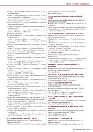 87www.avanzaentucarrera.com
OTROS CENTROS ADSCRITOS
• Grado en Maestro en Educación Infantil + Diploma en Ges-
tión Empresarial
• Grado en Maestro en Educación Infantil + Diploma en Neu-
rociencias Aplicadas a la Educación
• Grado en Maestro en Educación Infantil + Mención Propia en
Familia y Educación Personalizada
• Grado en Maestro en Educación Infantil + Mención Propia en
Lengua Extranjera Inglés
• Grado en Maestro en Educación Primaria + Diploma en Ges-
tión Empresarial
• Grado en Maestro en Educación Primaria + Diploma en Neu-
rociencias Aplicadas a la Educación
• Grado en Periodismo
• Grado en Periodismo + Administración Empresarial (año
internacional)
• Grado en Periodismo + Diploma en Artes Escénicas
• Grado en Periodismo + Diploma en Comunicación y Gestión
de la Moda
• Grado en Periodismo + Diploma en Criminología y Ciencias
Forenses
• Grado en Periodismo + Diploma en Periodismo Deportivo
• Grado en Periodismo + Diploma en Relaciones Internaciona-
les y Gobierno de Instituciones (bilingüe)
• Grado en Periodismo + Diploma en Tecnología de la Comu-
nicación
• Grado en Psicología + Administración Empresarial (año in-
ternacional)
• Grado en Psicología + Diploma de Periodismo Deportivo
• Grado en Psicología + Diploma en Artes Escénicas
• Grado en Psicología + Diploma en Comunicación y Gestión
de la Moda
• Grado en Psicología + Diploma en Criminología y Ciencias
Forenses
• Grado en Psicología + Terapia Familiar
• Grado en Publicidad y Relaciones Públicas
• Grado en Publicidad y Relaciones Públicas + Administración
Empresarial (año internacional)
• Grado en Publicidad y Relaciones Públicas + Diploma en Ar-
tes Escénicas
• Grado en Publicidad y Relaciones Públicas + Diploma en Co-
municación y Gestión de la Moda
• Grado en Publicidad y Relaciones Públicas + Diploma en Cri-
minología y Ciencias Forenses
• Grado en Publicidad y Relaciones Públicas + Diploma en Di-
seño Digital / Organización de Eventos
• Grado en Publicidad y Relaciones Públicas + Diploma en Pe-
riodismo Deportivo
• Grado en Publicidad y Relaciones Públicas + Diploma en Rela-
ciones Internacionales y Gobierno de Instituciones (bilingüe)
• Grado Simultáneo en Derecho + Grado ADE
• Grado Simultáneo en Maestro de Educación Infantil + Grado
en Maestro en Educación Primaria
• Grado Simultáneo en Maestro en Educación Infantil / Pri-
maria + Grado en Psicología
• Grado Simultáneo en Periodismo + Grado en Comunicación
Audiovisual
• Grado Simultáneo en Publicidad y Relaciones Públicas +
Grado en Comunicación Audiovisual
ColEgio univErsiTArio CArdEnAl CisnEros
www.avanzaentucarrera.com/centro/colegio-universitario-
cardenal-cisneros/79/
• Grado en Administración y Dirección de Empresas (opción bilingüe)
• Grado en Derecho (opción semipresencial)
• Grado en Psicología
ColEgio univErsiTArio dE EsTudios finAnCiEros
(CunEf)
www.avanzaentucarrera.com/centro/colegio-universitario-de-
estudios-financieros-cunef/82/
• Doble Grado en Derecho + Administración y Dirección de
Empresas
• Grado en Administración y Dirección de Empresas (opción bilingüe)
• Grado en Derecho + Diploma Estudios Legales de Empresa +
Máster Derecho Bancario
dEusTo BusinEss sChool (univErsidAd dE dEusTo)
www.avanzaentucarrera.com/centro/deusto-business-school-
universidad-de-deusto/810/
• Doble Grado en Administración y Dirección de Empresas +
Derecho
• Doble Grado en Administración y Dirección de Empresas +
Ingeniería Informática
• Doble Grado en Administración y Dirección de Empresas +
Ingeniería Tecnologías Industriales
• Grado en Administración y Dirección de Empresas
EAE BusinEss sChool
www.avanzaentucarrera.com/centro/eae-business-
school/89341/
• Grado en Administración y Dirección de Empresas (Puedes
hacer el grado en modalidad bilingüe español/ inglés o en
modalidad 100% inglés)
EinA CEnTrE univErsiTAri dE dissEny i ArT dE
BArCElonA
www.avanzaentucarrera.com/centro/eina-centre-universitari-
de-disseny-i-art-de-barcelona/1233/
• Grado en Diseño
EnTi. EsCuElA dE nuEvAs TECnologíAs inTErACTivA
www.avanzaentucarrera.com/centro/enti-escuela-de-nuevas-
tecnologias-interactiva/89410/
• Grado en Contenidos Digitales Interactivos
EsAdE. fACulTAdEs univErsiTAriAs
www.avanzaentucarrera.com/centro/esade-facultades-
universitarias/29736/
• Doble Grado en Dirección de Empresas (BBA) + Derecho
• Grado en Derecho
• Grado en Derecho & Bachelor in Global Governance
• Grado en Dirección de Empresas (BBA)
EsCAC. EsCuElA suPErior dE CinE y AudiovisuAlEs
CATAluñA
www.avanzaentucarrera.com/centro/escac-escuela-superior-de-
cine-y-audiovisuales-cataluna/1238/
• Grado en Cine y Medios Audiovisuales
EsColA univErsiTAriA dE MAxisTErio “MAríA sEdEs
sAPiEnTiAE”
www.avanzaentucarrera.com/centro/escola-universitaria-de-
maxisterio-”maria-sedes-sapientiae”/89886/
• Grado en Educación Infantil
• Grado en Educación Primaria
EsCuElA dE nEgoCios AfundACión
www.avanzaentucarrera.com/centro/escuela-de-negocios-
afundacion/36935/
• Grado en Administración y Dirección de Empresas BBA
 