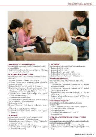 89www.avanzaentucarrera.com
OTROS CENTROS ADSCRITOS
Esi vAllAdolid. lA EsCuElA dE disEño
www.avanzaentucarrera.com/centro/esi-valladolid-la-escuela-
de-diseno/89847/
• Grado en Informática + Higher National Diploma in Compu-
ting and Systems Development
EsiC BusinEss & MArkETing sChool
www.avanzaentucarrera.com/centro/esic-business-marketing-
school/1316/
• Grado en Comunicación y Relaciones Públicas
• Grado en Comunicación y Relaciones Públicas + Título Su-
perior en Marketing
• Grado en Administración y Dirección de Empresas
• Grado en Administración y Dirección de Empresas + Título
Superior en Dirección de Marketing y Gestión Comercial
• Grado en Gestión Comercial y Marketing
• Grado en Gestión Comercial y Marketing + Título Superior
en Dirección de Marketing
• Grado en International Business
• Grado en International Business + Título Superior en Direc-
ción de Marketing y Gestión Comercial
• Grado en Marketing
• Grado en Marketing + Título Superior en Dirección Comer-
cial
• Grado en Publicidad y Relaciones Públicas
• Grado en Publicidad y Relaciones Públicas + Titulo Superior
en Marketing
EsiC vAlEnCiA
www.avanzaentucarrera.com/centro/esic-valencia/1082/
• Grado en Comunicación y Relaciones Públicas
• Grado en Comunicación y Relaciones Públicas + Titulado Su-
perior en Marketing
• Grado en Gestión Comercial y Marketing
• Grado en Gestión Comercial y Marketing + Titulo Superior
en Dirección de Marketing
EsnE. MAdrid
www.avanzaentucarrera.com/centro/esne-madrid/1350/
• Grado en Diseño de Interiores
• Grado en Diseño de Moda
• Grado en Diseño Multimedia y Gráfico
• Grado en Diseño y Desarrollo de Videojuegos
• Grado en Ingeniería Multimedia y del Videojuego
EunCET BusinEss sChool
www.avanzaentucarrera.com/centro/euncet-business-
school/263/
• Grado ADE UPC - Administración y Dirección de Empresas
(Presencial Terrassa)
• Grado ADE UPC - Administración y Dirección de Empresas
(Semipresencial Terrassa)
• Grado en Marketing y Comunicación Digital - UPC (Presen-
cial Terrassa)
• Grado en Marketing y Comunicación Digital - UPC (Semipre-
sencial Terrassa)
EusA BusinEss univErsiTy
www.avanzaentucarrera.com/centro/eusa-business-
university/283/
• Doble Grado en Periodismo + Comunicación Audiovisual
• Grado en Comunicación Audiovisual
• Grado en Periodismo
• Grado en Publicidad y Relaciones Públicas
• Grado en Turismo
EusEs - EsColA univErsiTàriA dE lA sAluT i l’EsPorT.
AMPosTA
www.avanzaentucarrera.com/centro/euses-escola-universit-ria-de-
la-salut-i-l’esport-amposta/89432/
• Grado en Ciencias de la Actividad Física y del Deporte
• Grado en Ciencias de la Actividad Física y del Deporte + Fisio-
terapia
 