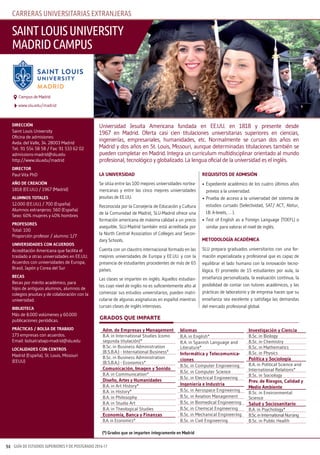 GUÍA DE ESTUDIOS SUPERIORES Y DE POSTGRADO 2016-1794
la universidad
Se sitúa entre las 100 mejores universidades nortea-
mericanas y entre las cinco mejores universidades
jesuitas de EE.UU.
Reconocida por la Consejería de Educación y Cultura
de la Comunidad de Madrid, SLU-Madrid ofrece una
formación americana de máxima calidad a un precio
asequible. SLU-Madrid también está acreditada por
la North Central Association of Colleges and Secon-
dary Schools.
Cuenta con un claustro internacional formado en las
mejores universidades de Europa y EE.UU. y con la
presencia de estudiantes procedentes de más de 65
países.
Las clases se imparten en inglés. Aquellos estudian-
tes cuyo nivel de inglés no es suficientemente alto al
comenzar sus estudios universitarios, pueden matri-
cularse de algunas asignaturas en español mientras
cursan clases de inglés intensivas.
requisitos de admisión
•	Expediente académico de los cuatro últimos años
previos a la universidad.
•	Prueba de acceso a la universidad del sistema de
estudios cursado (Selectividad, SAT/ ACT, Abitur,
I.B. A-levels, … ).
•	Test of English as a Foreign Language (TOEFL) o
similar para valorar el nivel de inglés.
metodología académica
SLU prepara graduados universitarios con una for-
mación especializada y profesional que es capaz de
equilibrar el lado humano con la innovación tecno-
lógica. El promedio de 15 estudiantes por aula, la
enseñanza personalizada, la evaluación continua, la
posibilidad de contar con tutores académicos, y las
prácticas de laboratorio y de empresa hacen que su
enseñanza sea excelente y satisfaga las demandas
del mercado profesional global.
dirección
Saint Louis University
Oficina de admisiones:
Avda. del Valle, 34. 28003 Madrid
Tel.: 91 554 58 58 / Fax: 91 533 62 02
admissions-madrid@slu.edu
http://www.slu.edu/madrid
director
Paul Vita PhD
aÑo de creación
1818 (EE.UU.) / 1967 (Madrid)
alumnos totales
12.000 (EE.UU.) / 700 (España)
Alumnos extranjeros: 560 (España)
Sexo: 60% mujeres y 40% hombres
profesores
Total: 100
Proporción profesor / alumno: 1/7
universidades con acuerdos
Acreditación Americana que facilita el
traslado a otras universidades en EE.UU.
Acuerdos con universidades de Europa,
Brasil, Japón y Corea del Sur
Becas
Becas por mérito académico, para
hijos de antiguos alumnos, alumnos de
colegios jesuitas y de colaboración con la
universidad.
BiBlioteca
Más de 8.000 volúmenes y 60.000
publicaciones periódicas.
prácticas / Bolsa de traBajo
173 empresas con acuerdos.
Email: bolsatrabajo-madrid@slu.edu
localidades con centros
Madrid (España), St. Louis, Missouri
(EEUU)
Universidad Jesuita Americana fundada en EE.UU. en 1818 y presente desde
1967 en Madrid. Oferta casi cien titulaciones universitarias superiores en ciencias,
ingenierías, empresariales, humanidades, etc. Normalmente se cursan dos años en
Madrid y dos años en St. Louis, Missouri, aunque determinadas titulaciones también se
pueden completar en Madrid. Integra un curriculum multidisciplinar orientado al mundo
profesional, tecnológico y globalizado. La lengua oficial de la universidad es el inglés.
saintlouisuniversity
MadridcaMpus
www.slu.edu/madrid
Campus de Madrid
GRADOS QUE IMPARTE
carreras universitarias eXtranJeras
adm. de empresas y management
B.A. in International Studies (como
segunda titulación)*
B.Sc. in Business Administration
(B.S.B.A.) - International Business*
B.Sc. in Business Administration
(B.S.B.A.) - Economics*
comunicación, imagen y sonido
B.A. in Communication*
diseño, artes y Humanidades
B.A. in Art History*
B.A. in History*
B.A. in Philosophy
B.A. in Studio Art
B.A. in Theological Studies
economía, Banca y finanzas
B.A. in Economics*
idiomas
B.A. in English*
B.A. in Spanish Language and
Literature*
informática y telecomunica-
ciones
B.Sc. in Computer Engineering
B.Sc. in Computer Science
B.Sc. in Electrical Engineering
ingeniería e industria
B.Sc. in Aerospace Engineering
B.Sc. in Aviation Management
B.Sc. in Biomedical Engineering
B.Sc. in Chemical Engineering
B.Sc. in Mechanical Engineering
B.Sc. in Civil Engineering
investigación y ciencia
B.Sc. in Biology
B.Sc. in Chemistry
B.Sc. in Mathematics
B.Sc. in Physics
política y sociología
B.A. in Political Science and
International Relations*
B.Sc. in Sociology
prev. de riesgos, calidad y
medio ambiente
B.Sc. in Environmental
Science
salud y sociosanitario
B.A. in Psychology*
B.Sc.inInternational Nursing
B.Sc. in Public Health
(*) grados que se imparten íntegramente en madrid
 
