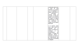 considerado patrimonial.
A partir de esos
elementos, se propone
que se identifique un
espacio patrimonial en
la comunidad o
provincia donde se
encuentre la institución
escolar y, en el curso de
las clases se elabore
colectivamente un plan
que contribuya al
cuidado de ese espacio
patrimonial.
6 El docente puede
cerrar cada ronda de
preguntas con un
cuento o una fábula que
contribuya a la
concientización del
respeto y cuidado del
patrimonio natural o
construido; así como de
las repercusiones que
tiene para la humanidad
su desgaste.
 