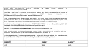 Adriana Apud, PARTICIPACIÓN INFANTIL. Documento de trabajo, UNICEF. Disponible en:
http://www.sename.cl/wsename/otros/unicef.pdf
Quima Oliver i Ricart. (2004) La Convención en tus manos. Los derechos de la infancia y la adolescencia. Ed: Fondo de las
Naciones Unidas para la Infancia UNICEF Uruguay. Disponible en:
http://www.unicef.org/uruguay/spanish/uy_media_laConvencionentusmanos.pdf
Pensar la infancia desde América Latina: un estado de la cuestión / María Camila Ospina... [et.al.]; compilado por Valeria Llobet;
con prólogo de Diana Marre. - 1a ed. - Ciudad Autónoma de Buenos Aires: CLACSO, 2013. (Red CLACSO de posgrados / Pablo
Gentili). Disponible en: http://biblioteca.clacso.edu.ar/clacso/posgrados/20140416023412/PensarLaInfancia.pdf
Armando Campos Educación y prevención de desastres. UNICEF/FLACSO/LA RED. -- 1a. ed. -- San José, C.A.: UNICEF, 1999.
Disponible en: http://www.flacsoandes.edu.ec/biblio/catalog/resGet.php?resId=14439
Ayala Mora, Enrique. Resumen de historia del Ecuador. Quito: Corporación Editora Nacional. 1999.
Estado de los derechos de la niñez y la adolescencia en Ecuador 1990-2011. Ed: Observatorio de los Derechos de la Niñez y
Adolescencia, UNICEF. Disponible en: http://www.unicef.org/ecuador/Edna2011_web_Parte1.pdf
La niñez y adolescencia en el Ecuador contemporáneo: avances y brechas en el ejercicio de derechos. 2014. Observatorio Social
del Ecuador. Disponible en: http://www.unicef.org/ecuador/NA_EcuadorContemporaneo_ultima_version.pdf
ELABORADO REVISADO APROBADO
DOCENTE(S): NOMBRE: NOMBRE:
Firma: Firma: Firma:
Fecha: Fecha: Fecha:
 