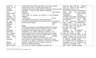 8
Pueden seleccionarlas del banco de recursos adjuntado al Plan.
comunidad y
núcleo de la
sociedad,
constituida
como un
sistema abierto,
donde sus
miembros se
interrelacionan y
están unidos
por lazos de
parentesco,
solidaridad,
afinidad,
necesidad y
amor;
apoyándose
mutuamente
para subsistir,
concibiéndose
como seres
únicos e
irrepetibles.
CS.2.1.2.
Identificar los
tipos de familia
de información. Para hacerlo más dinámico y de mayor
interés para los niños, el docente puede colocar en el
franelógrafo láminas8
que ilustren familias en diferentes
actividades y, a partir de ellas, realizar las siguientes
preguntas
¿Qué vemos?
¿Qué hacen las personas que aparecen en las
imágenes?
¿Quiénes son?
Las respuestas de los alumnos, bajo la coordinación de
los docentes, permitirán llegar a la conclusión de que las
láminas muestran familias.
Dibujo
La utilización del dibujo es una estrategia sumamente útil
en las primeras etapas de la EGB. A través de la misma,
el estudiante puede expresar ideas que aún no elabora
verbalmente y que pueden estimular los debates y
permitir explorar lo que los alumnos saben/sienten sobre
temas específicos. Para el caso de la unidad sobre la
Familia, el dibujo es altamente recomendable.
La actividad puede orientarse de modo individual o de
modo colectivo; o de ambas maneras en el transcurso de
las clases de la unidad. La indicación a los alumnos
puede ser la siguiente: ―Por favor, realicen un dibujo de
ustedes y su familia haciendo algo‖.
En el caso de orientar la actividad para hacerla en
Crayones
Lápices de colores
Hojas de papel
Papelógrafo
Pizarra
Computadora,
proyector o TV y
DVD
Conexión a
internet
File
Papeles con
nombres de
animales
Pizarra
Marcadores
evaluación debe formar
parte del proceso de
aprendizaje del alumno. A
partir de ella el docente
puede hacer las
adecuaciones
metodológicas
necesarias para atender
de manera diferencial a
sus estudiantes.
En las orientaciones
dadas respecto a la
evaluación en el Plan
Curricular Anual (PCA),
se sugiere tomar como
actividad de control
cualquiera de las
planificadas para la
clase; sin embargo, se
recomienda de manera
especial aquellas que
aparecen en el ―momento
4: aplicación‖ abordado
en el presente Plan. Las
actividades que ahí se
sugieren son apropiadas
para realizar controles
los derechos
que ejercen y
las
responsabilidad
es que cumplen
cada uno de sus
miembros,
reconociendo su
historia familiar
como parte
importante en el
fortalecimiento
de su propia
identidad. (J.1.,
J.3.)
I.CS.2.1.2.
Analiza los
lazos y la
historia familiar
que unen a los
miembros de su
familia,
identificando la
importancia de
contar con
acuerdos,
 