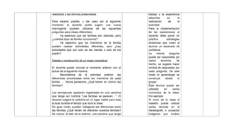 realizados y las láminas presentadas.
Para hacerlo posible, y dar paso así al siguiente
momento, el docente podrá sugerir una nueva
interrogante (pueden utilizarse de las siguientes
preguntas para clases diferentes):
- Ya sabemos que las familias son distintas, pero
¿cuántos tipos de familia conocemos?
- Ya sabemos que los miembros de la familia
pueden realizar actividades diferentes, pero ¿hay
actividades que son solo de las mamás o solo de los
papás?
Debate y construcción de un mapa conceptual
El docente puede vincular el momento anterior con el
actual de la siguiente manera:
- Recordemos de la actividad anterior, las
diferencias encontradas entre los miembros de cada
familia. … Ahora pensemos ¿Qué tienen en común las
familias?
Las semejanzas quedarán registradas en una cartulina
que tenga por nombre ―Las familias se parecen…‖. El
docente colgará la cartulina en un lugar visible para toda
el aula durante el tiempo que dure la clase.
De igual modo, pueden trabajarse las diferencias entre
las familias ¿Qué tienen de diferente nuestras familias?
Se coloca, al lado de la anterior, una cartulina que tenga
trabajo y la experiencia
adquirida en la
realización de la
actividad.
Para la implementación
de las exposiciones el
docente debe poner en
práctica estrategias
dinámicas que creen al
alumno un escenario de
confianza.
La misma pregunta
puede ser respondida por
varios alumnos, de
hecho, se sugiere hacer
rondas de respuestas por
cada pregunta. De este
modo el aprendizaje se
construye desde lo
grupal.
Ésta técnica puede ser
utilizada en varios
momentos de la clase.
Por ejemplo:
Al inicio de la clase el
maestro puede colocar
varias láminas en el
franelógrafo o proyectar
imágenes que ilustren
 