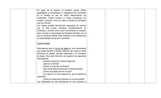En lugar de la pizarra, el maestro puede utilizar
papelógrafo y marcadores e ir agregando los conceptos
en la medida en que se vayan desarrollando los
contenidos. Puede crearse un mapa conceptual por
unidad y conectar unos con otros a través de conceptos
que los vinculen.
Los mapas pueden permanecer expuestos de manera
que el niño pueda visualizar constantemente su
contenido e incluso servir como herramienta al maestro
para vincular el aprendizaje de Estudios Sociales con el
que se construye desde otras materias, en la medida que
los aprendizajes del grupo lo permitan.
Lluvia de ideas
Recordemos que la Lluvia de ideas es una herramienta
que puede facilitar el diseño colectivo del mapa en tanto
promueve el debate, permite interacción y el consenso
de ideas. Para este momento se sugieren las siguientes
interrogantes:
- ¿Cuándo nacemos a dónde llegamos?
- ¿Qué es la familia?
- ¿Existe un solo tipo de familia?
- ¿Nos comportamos parecido a nuestra familia?
- ¿Cómo se puede convivir en paz?
- ¿La casa es el único espacio en que la familia se
relaciona?
- ¿Cómo se relaciona la familia con la comunidad?
Las respuestas se van escribiendo en una cartulina y
 