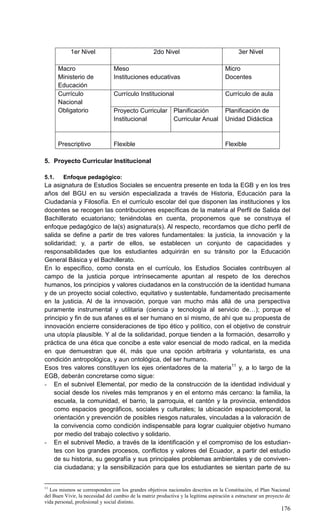 176
1er Nivel 2do Nivel 3er Nivel
Macro
Ministerio de
Educación
Meso
Instituciones educativas
Micro
Docentes
Currículo
Nacional
Obligatorio
Currículo Institucional Currículo de aula
Proyecto Curricular
Institucional
Planificación
Curricular Anual
Planificación de
Unidad Didáctica
Prescriptivo Flexible Flexible
5. Proyecto Curricular Institucional
5.1. Enfoque pedagógico:
La asignatura de Estudios Sociales se encuentra presente en toda la EGB y en los tres
años del BGU en su versión especializada a través de Historia, Educación para la
Ciudadanía y Filosofía. En el currículo escolar del que disponen las instituciones y los
docentes se recogen las contribuciones específicas de la materia al Perfil de Salida del
Bachillerato ecuatoriano; teniéndolas en cuenta, proponemos que se construya el
enfoque pedagógico de la(s) asignatura(s). Al respecto, recordamos que dicho perfil de
salida se define a partir de tres valores fundamentales: la justicia, la innovación y la
solidaridad; y, a partir de ellos, se establecen un conjunto de capacidades y
responsabilidades que los estudiantes adquirirán en su tránsito por la Educación
General Básica y el Bachillerato.
En lo específico, como consta en el currículo, los Estudios Sociales contribuyen al
campo de la justicia porque intrínsecamente apuntan al respeto de los derechos
humanos, los principios y valores ciudadanos en la construcción de la identidad humana
y de un proyecto social colectivo, equitativo y sustentable, fundamentado precisamente
en la justicia. Al de la innovación, porque van mucho más allá de una perspectiva
puramente instrumental y utilitaria (ciencia y tecnología al servicio de…); porque el
principio y fin de sus afanes es el ser humano en sí mismo, de ahí que su propuesta de
innovación encierre consideraciones de tipo ético y político, con el objetivo de construir
una utopía plausible. Y al de la solidaridad, porque tienden a la formación, desarrollo y
práctica de una ética que concibe a este valor esencial de modo radical, en la medida
en que demuestran que él, más que una opción arbitraria y voluntarista, es una
condición antropológica, y aun ontológica, del ser humano.
Esos tres valores constituyen los ejes orientadores de la materia11
y, a lo largo de la
EGB, deberán concretarse como sigue:
- En el subnivel Elemental, por medio de la construcción de la identidad individual y
social desde los niveles más tempranos y en el entorno más cercano: la familia, la
escuela, la comunidad, el barrio, la parroquia, el cantón y la provincia, entendidos
como espacios geográficos, sociales y culturales; la ubicación espaciotemporal, la
orientación y prevención de posibles riesgos naturales, vinculadas a la valoración de
la convivencia como condición indispensable para lograr cualquier objetivo humano
por medio del trabajo colectivo y solidario.
- En el subnivel Medio, a través de la identificación y el compromiso de los estudian-
tes con los grandes procesos, conflictos y valores del Ecuador, a partir del estudio
de su historia, su geografía y sus principales problemas ambientales y de conviven-
cia ciudadana; y la sensibilización para que los estudiantes se sientan parte de su
11
Los mismos se corresponden con los grandes objetivos nacionales descritos en la Constitución, el Plan Nacional
del Buen Vivir, la necesidad del cambio de la matriz productiva y la legítima aspiración a estructurar un proyecto de
vida personal, profesional y social distinto.
 