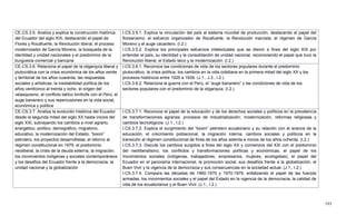 193
CE.CS.3.5. Analiza y explica la construcción histórica
del Ecuador del siglo XIX, destacando el papel de
Flores y Rocafuerte, la Revolución liberal, el proceso
modernizador de García Moreno, la búsqueda de la
identidad y unidad nacionales y el predominio de la
burguesía comercial y bancaria
I.CS.3.5.1. Explica la vinculación del país al sistema mundial de producción, destacando el papel del
floreanismo, el esfuerzo organizador de Rocafuerte, la Revolución marcista, el régimen de García
Moreno y el auge cacaotero. (I.2.)
I.CS.3.5.2. Explica los principales esfuerzos intelectuales que se dieron a fines del siglo XIX por
entender el país, su identidad y la consolidación de unidad nacional, reconociendo el papel que tuvo la
Revolución liberal, el Estado laico y la modernización. (I.2.)
CE.CS.3.6. Relaciona el papel de la oligarquía liberal y
plutocrática con la crisis económica de los años veinte
y territorial de los años cuarenta, las respuestas
sociales y artísticas, la inestabilidad política de los
años veinticinco al treinta y ocho, el origen del
velasquismo, el conflicto bélico limítrofe con el Perú, el
auge bananero y sus repercusiones en la vida social,
económica y política
I.CS.3.6.1. Reconoce las condiciones de vida de los sectores populares durante el predominio
plutocrático, la crisis política, los cambios en la vida cotidiana en la primera mitad del siglo XX y los
procesos históricos entre 1925 a 1938. (J.1., J.3., I.2.)
I.CS.3.6.2. Relaciona la guerra con el Perú, el ―auge bananero‖ y las condiciones de vida de los
sectores populares con el predominio de la oligarquía. (I.2.)
CE.CS.3.7. Analiza la evolución histórica del Ecuador
desde la segunda mitad del siglo XX hasta inicios del
siglo XXI, subrayando los cambios a nivel agrario,
energético, político, demográfico, migratorio,
educativo, la modernización del Estado, ―boom‖
petrolero, los proyectos desarrollistas, el retorno al
régimen constitucional en 1979, el predominio
neoliberal, la crisis de la deuda externa, la migración,
los movimientos indígenas y sociales contemporáneos
y los desafíos del Ecuador frente a la democracia, la
unidad nacional y la globalización
I.CS.3.7.1. Reconoce el papel de la educación y de los derechos sociales y políticos en la prevalencia
de transformaciones agrarias, procesos de industrialización, modernización, reformas religiosas y
cambios tecnológicos. (J.1., I.2.)
I.CS.3.7.2. Explica el surgimiento del ―boom‖ petrolero ecuatoriano y su relación con el avance de la
educación, el crecimiento poblacional, la migración interna, cambios sociales y políticos en la
transición al régimen constitucional de fines de los años setenta e inicios de los años ochenta. (I.2.)
I.CS.3.7.3. Discute los cambios surgidos a fines del siglo XX y comienzos del XXI con el predominio
del neoliberalismo, los conflictos y transformaciones políticas y económicas, el papel de los
movimientos sociales (indígenas, trabajadores, empresarios, mujeres, ecologistas), el papel del
Ecuador en el panorama internacional, la promoción social, sus desafíos frente a la globalización, el
Buen Vivir y la vigencia de la democracia y sus consecuencias en la sociedad actual. (J.1., I.2.)
I.CS.3.7.4. Compara las décadas de 1960-1970 y 1970-1979, enfatizando el papel de las fuerzas
armadas, los movimientos sociales y el papel del Estado en la vigencia de la democracia, la calidad de
vida de los ecuatorianos y el Buen Vivir. (J.1., I.2.)
 