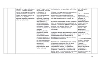 207
llegada de los negros esclavizados.
CS.3.2.13. Establecer el origen
histórico de los indígenas, mestizos
y afrodescendientes y montubios del
Ecuador, su evolución histórica, en
la Colonia y la República, su
diversidad, identidad, organización y
luchas por su liberación.
actores y grupos dentro
del proceso de conquista
y colonización: los
conquistadores, la
Corona, las poblaciones
originarias, etc.
Reconocer la diversidad
étnica y cultural, a partir
de la confluencia y
conflictividades entre
indígenas, españoles y
esclavizados africanos;
así como los procesos de
mestizaje.
Identificar y describir,
monumentos, lugares
históricos, obras
arquitectónicas, piezas
de museos, presentes en
la localidad relacionados
con el período estudiado.
Desarrollar habilidades
de ubicación y
ordenamiento
espaciotemporal de los
hechos históricos.
contrastadas con los aprendizajes de la unidad.
3 Mostrar una imagen previamente buscada por
los docentes sobre la conquista e irla
analizando en colectivo, identificando los
actores sociales que se encuentran presente,
qué están haciendo, por qué lo hacen, etc.
4 Construir colectivamente un mapa conceptual
sobre las razones, objetivos y resultados de la
conquista y colonización de América. (Se puede
encontrar en el banco de recursos una
sugerencia sobre el formato del mapa
conceptual).
5 Identificar, a través de un video u otro material
didáctico, las resistencias de las poblaciones
originarias a la conquista. Enfatizar en la
participación de hombres y mujeres en dichos
movimientos de resistencias.
6 Orientar a los estudiantes para que, a través
de subgrupos, investiguen sobre un hecho
histórico importante de la conquista y
colonización de América. La investigación
puede hacerse a través de entrevistas a otros
profesores, a personas de la comunidad que
puedan aportar memorias colectivas trasmitidas;
a través de búsqueda en la biblioteca, en
ante la Conquista
española.
I.CS.3.1.2. Analiza la
relación entre
organización social y
política de los
cacicazgos y la
dominación incaica e
invasión española,
destacando sus
enfrentamientos,
alianzas y sitios
arqueológicos,
mediante narraciones
históricas con
fundamento científico.
(I.2.)
CE.CS.3.2. Examina los
cambios y lecciones
que se dieron en la
Conquista y
Colonización de
América (el origen de
mestizos, afro-
ecuatorianos, la
dominación cultural, las
sublevaciones
 