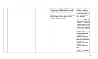 208
internet, etc. Los subgrupos deberán entregar
un resultado de su investigación en forma de
maqueta, dibujo, texto, cuento, ensayos, etc.
7 Continuar completando en la línea del tiempo
iniciada en este grado, el periodo histórico
central de la presente unidad.
indígenas y mestizas,
su aporte al arte como
expresión del dominio
cultural), destacando la
lucha de los indígenas
por la identidad
I.CS.3.2.1. Examina los cambios y las
lecciones de la Conquista y Colonización
(mestizaje, fundación de ciudades,
producción textil, cambios en la vida
cotidiana, diferencias sociales,
discriminación, obras y trabajo artísticos
indígenas y mestizos). (I.2.)
CE.CS.3.10. Examina la
diversidad demografía
de la población
ecuatoriana en función
de su origen y evolución
histórica, grupos etarios
y movimientos
migratorios, valorando
su aporte en el
desarrollo integral del
país.
I.CS.3.10.1. Explica los
orígenes de la
 
