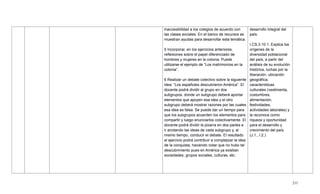 211
inaccesibilidad a los colegios de acuerdo con
las clases sociales. En el banco de recursos se
muestran ayudas para desarrollar esta temática.
5 Incorporar, en los ejercicios anteriores,
reflexiones sobre el papel diferenciado de
hombres y mujeres en la colonia. Puede
utilizarse el ejemplo de ―Los matrimonios en la
colonia‖.
6 Realizar un debate colectivo sobre la siguiente
idea: ―Los españoles descubrieron América‖. El
docente podrá dividir al grupo en dos
subgrupos, donde un subgrupo deberá aportar
elementos que apoyen esa idea y el otro
subgrupo deberá mostrar razones por las cuales
esa idea es falsa. Se puede dar un tiempo para
que los subgrupos acuerden los elementos para
compartir y luego enunciarlos colectivamente. El
docente podrá dividir la pizarra en dos partes e
ir anotando las ideas de cada subgrupo y, al
mismo tiempo, conducir el debate. El resultado
el ejercicio podrá contribuir a complejizar la idea
de la conquista, haciendo notar que no hubo tal
descubrimiento pues en América ya existían
sociedades, grupos sociales, culturas, etc.
desarrollo integral del
país.
I.CS.3.10.1. Explica los
orígenes de la
diversidad poblacional
del país, a partir del
análisis de su evolución
histórica, luchas por la
liberación, ubicación
geográfica,
características
culturales (vestimenta,
costumbres,
alimentación,
festividades,
actividades laborales) y
la reconoce como
riqueza y oportunidad
para el desarrollo y
crecimiento del país.
(J.1., I.2.)
 