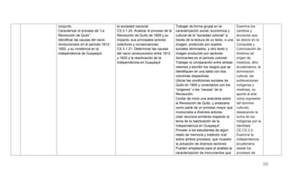 222
conjunto.
Caracterizar el proceso de ―La
Revolución de Quito‖.
Identificar las causas del vacío
revolucionario en el período 1812-
1820, y su incidencia en la
independencia de Guayaquil.
la sociedad nacional.
CS.3.1.20. Analizar el proceso de la
Revolución de Quito de 1809 y su
impacto, sus principales actores
colectivos y consecuencias.
CS.3.1.21. Determinar las causas
del vacío revolucionario entre 1812
y 1820 y la reactivación de la
independencia en Guayaquil
Trabajar de forma grupal en la
caracterización social, económica y
cultural de la ―sociedad colonial‖ a
través de la lectura de un texto, o una
imagen, producido por sujetos
sociales dominados, y otro texto o
imagen producido por sectores
dominantes en el periodo colonial.
Trabajar la comparación entre ambas
visiones y escribir los rasgos que se
identifiquen en una tabla con dos
columnas respectivas.
Ubicar las condiciones sociales de
Quito en 1809 y conectarlos con los
―orígenes‖ o las ―causas‖ de la
Revolución.
Contar de inicio una anécdota sobre
la Revolución de Quito, y analizarla
como parte de un proceso mayor que
involucraba a diversos actores.
Usar recursos similares respecto al
tema de la reactivación de la
independencia en Guayaquil.
Proveer a los estudiantes de algún
relato de memoria y tradición oral
sobre ambos procesos, que muestre
la actuación de diversos sectores.
Pueden emplearse para el análisis la
caracterización de monumentos que
Examina los
cambios y
lecciones que
se dieron en la
Conquista y
Colonización de
América (el
origen de
mestizos, afro-
ecuatorianos, la
dominación
cultural, las
sublevaciones
indígenas y
mestizas, su
aporte al arte
como expresión
del dominio
cultural),
destacando la
lucha de los
indígenas por la
identidad.
CE.CS.3.3.
Examina la
independencia
ecuatoriana
desde los
procesos de
 