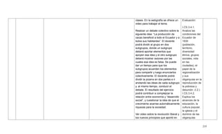 235
clases. En la webgrafía se ofrece un
video para trabajar el tema.
Realizar un debate colectivo sobre la
siguiente idea: ―La producción de
cacao benefició a todo el Ecuador y a
todos sus habitantes‖. El docente
podrá dividir al grupo en dos
subgrupos, donde un subgrupo
deberá aportar elementos que
apoyen esa idea y el otro subgrupo
deberá mostrar razones por las
cuales esa idea es falsa. Se puede
dar un tiempo para que los
subgrupos acuerden los elementos
para compartir y luego enunciarlos
colectivamente. El docente podrá
dividir la pizarra en dos partes e ir
anotando las ideas de cada subgrupo
y, al mismo tiempo, conducir el
debate. El resultado del ejercicio
podrá contribuir a complejizar la
relación entre economía y ―desarrollo
social‖, y cuestionar la idea de que el
crecimiento acarrea automáticamente
riquezas para la sociedad.
Ver video sobre la revolución liberal y
los nuevos principios que aportó en
Evaluación:
I.CS.3.4.1.
Analiza las
condiciones del
Ecuador de
1830
(población,
territorio,
diversidad
étnica, grupos
sociales, vida
en las
ciudades), el
papel de la
regionalización
y sus
oligarquías en la
reproducción de
la pobreza y
desunión. (I.2.)
I.CS.3.4.2.
Explica los
alcances de la
educación, la
cultura popular,
la iglesia y el
dominio de las
oligarquías
 