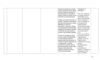258
Proponer el análisis de un relato,
cuento o poema en que se omitan
sujetos sociales que participaron
de la Revolución, e incentivar la
reflexión sobre los porqués de sus
ausencias en esos documentos.
Trabajar con fuentes primarias, por
ejemplo, memorias o documentos,
que fueron producidos por actores
diferentes en torno a la
Revolución, y orientar un trabajo
de interpretación de estas fuentes,
apoyado por el docente, orientado
a identificar qué actor social los
produjo y qué buscaban defender.
Parte de la investigación puede
consistir, según las posibilidades,
en que los propios alumnos
busquen tales documentos por sí
mismos en internet. Apoyarlos con
una descripción, o rúbrica,
construida en colectivo sobre el
tipo de documento a buscar. Para
empezar, debe haber sido
elaborado durante el proceso
mismo de la Revolución.
Indicadores de
evaluación:
I.CS.3.5.2. Explica los
principales esfuerzos
intelectuales que se
dieron a fines del siglo
XIX por entender el
país, su identidad y la
consolidación de
unidad nacional,
reconociendo el papel
que tuvo la Revolución
liberal, el Estado laico
y la modernización.
(I.2.)
I.CS.3.13.1. Examina
la importancia de las
organizaciones
sociales, a partir del
análisis de sus
características, función
social y
transformaciones
históricas,
reconociendo el
laicismo y el derecho a
la libertad de cultos
como un avance
 