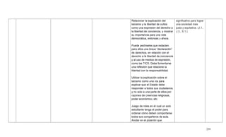 259
Relacionar la explicación del
laicismo y la libertad de cultos
como una expresión del derecho a
la libertad de conciencia, y mostrar
su importancia para una vida
democrática, entonces y ahora.
Puede pedírseles que redacten
para ellos una breve ―declaración‖
de derechos, en relación con el
derecho a la libertad de conciencia
y al uso de medios de expresión,
como las TICS. Debe fomentarse
una reflexión que relacione la
libertad con la responsabilidad.
Utilizar la explicación sobre el
laicismo como una vía para
explicar que el Estado debe
responder a todos sus ciudadanos,
y no solo a una parte de ellos por
razones de creencias religiosas,
poder económico, etc.
Juego de roles en el cual un solo
estudiante tenga el poder para
ordenar cómo deben comportarse
todos sus compañeros de aula.
Anotar en el pizarrón que
significativo para lograr
una sociedad más
justa y equitativa. (J.1.,
J.3., S.1.)
 