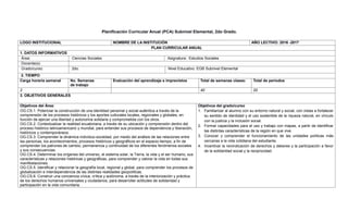 Planificación Curricular Anual (PCA) Subnivel Elemental, 2do Grado.
LOGO INSTITUCIONAL NOMBRE DE LA INSTITUCIÓN AÑO LECTIVO: 2016 -2017
PLAN CURRICULAR ANUAL
1. DATOS INFORMATIVOS
Área: Ciencias Sociales Asignatura: Estudios Sociales
Docente(s):
Grado/curso: 2do. Nivel Educativo: EGB Subnivel Elemental
2. TIEMPO
Carga horaria semanal No. Semanas
de trabajo
Evaluación del aprendizaje e imprevistos Total de semanas clases: Total de periodos
2 40 20
3. OBJETIVOS GENERALES
Objetivos del Área:
OG.CS.1. Potenciar la construcción de una identidad personal y social auténtica a través de la
comprensión de los procesos históricos y los aportes culturales locales, regionales y globales, en
función de ejercer una libertad y autonomía solidaria y comprometida con los otros.
OG.CS.2. Contextualizar la realidad ecuatoriana, a través de su ubicación y comprensión dentro del
proceso histórico latinoamericano y mundial, para entender sus procesos de dependencia y liberación,
históricos y contemporáneos.
OG.CS.3. Comprender la dinámica individuo-sociedad, por medio del análisis de las relaciones entre
las personas, los acontecimientos, procesos históricos y geográficos en el espacio-tiempo, a fin de
comprender los patrones de cambio, permanencia y continuidad de los diferentes fenómenos sociales
y sus consecuencias.
OG.CS.4. Determinar los orígenes del universo, el sistema solar, la Tierra, la vida y el ser humano, sus
características y relaciones históricas y geográficas, para comprender y valorar la vida en todas sus
manifestaciones.
OG.CS.5. Identificar y relacionar la geografía local, regional y global, para comprender los procesos de
globalización e interdependencia de las distintas realidades geopolíticas.
OG.CS.6. Construir una conciencia cívica, crítica y autónoma, a través de la interiorización y práctica
de los derechos humanos universales y ciudadanos, para desarrollar actitudes de solidaridad y
participación en la vida comunitaria.
Objetivos del grado/curso
1. Familiarizar al alumno con su entorno natural y social, con vistas a fortalecer
su sentido de identidad y el uso sostenible de la riqueza natural, en vínculo
con la justicia y la inclusión social.
2. Formar capacidades para el uso y trabajo con mapas, a partir de identificar
las distintas características de la región en que vive.
3. Conocer y comprender el funcionamiento de las unidades políticas más
cercanas a la vida cotidiana del estudiante.
4. Incentivar la reivindicación de derechos y deberes y la participación a favor
de la solidaridad social y la reciprocidad.
 