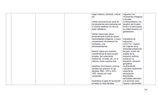 268
origen histórico, territorial, cultural,
etc.
Utilizar diccionarios por parte de
los estudiantes para explicarse por
sí mismos palabras con las que
están trabajando.
Utilizar mapas para ubicar
territorialmente donde se ubican
nacionalidades indígenas, y mayor
concentración de población de
montubios, y de
afrodescendientes.
Mostrar videos que muestren
características de estos grupos
sociales, tipo costumbres,
tradiciones, comidas, etc., en la
historia y hacia nuestros días.
Identificar movimientos y actores
sociales que actuaron en las
décadas 1960– 1970 y 1970 –
1979. Hacerlo de modo
comparado.
Especificar el papel de las fuerzas
armadas en esas décadas.
migración, los
movimientos indígenas
y sociales
contemporáneos y los
desafíos del Ecuador
frente a la democracia,
la unidad nacional y la
globalización.
Indicadores de
evaluación:
I.CS.3.10.1. Explica
los orígenes de la
diversidad poblacional
del país, a partir del
análisis de su
evolución histórica,
luchas por la
liberación, ubicación
geográfica,
características
culturales (vestimenta,
costumbres,
alimentación,
festividades,
actividades laborales)
y la reconoce como
riqueza y oportunidad
 
