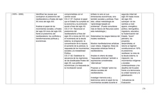 270
(1979 – 2000). Identificar las causas que
condujeron al predominio del
neoliberalismo a finales del siglo
XX inicio del siglo XXI.
Analizar el papel de los
movimientos sociales, a finales
del siglo XX inicio del siglo XXI,
frente al predominio del
neoliberalismo, los conflictos y
transformaciones políticas y
económicas.
comprometidas con el
cambio social.
CS.3.1.57. Explicar el papel
que el Estado ha cumplido en
la economía y la promoción
social a fines del siglo XX.
CS.3.1.61. Reconocer el
predominio del
neoliberalismo a fines del
siglo XX e inicios del XXI, con
el incremento de la deuda
externa, la emigración, la
concentración de la riqueza,
el aumento de la pobreza, la
respuesta de los movimientos
sociales y la inestabilidad
Política.
CS.3.1.62. Establecer la
secuencia de los regímenes
de las dosdécadas finales del
siglo XX, sus políticas
económicas y la respuesta de
la movilización social.
énfasis no solo en sus
dimensiones económicas, sino
también sociales y políticas. Para
esto, utilizar metodología de
―aprendizaje basado en
problemas‖. (Puede consultarse
más en Banco de Recursos sobre
esta metodología.)
Sistematizar los rasgos básicos del
modelo neoliberal.
Mostrar manifestaciones artísticas
(usar videos, imágenes, fotos) de
respuestas artísticas frente al
neoliberalismo.
Ampliar el criterio de estas
―respuestas artísticas‖ también a
expresiones consideradas
―alternativas‖.
Propiciar un ―Debate‖ sobre los
efectos sociales del
neoliberalismo.
Investigar memoria oral y
testimonios sobre el papel de los
movimientos sociales durante el
segunda mitad del
siglo XX hasta inicios
del siglo XXI,
subrayan- do los
cambios a nivel
agrario, energético,
político, demográfico,
migratorio, educativo,
la modernización del
Estado, ―boom‖
petrolero, los
proyectos
desarrollistas, el
retorno al régimen
constitucional en 1979,
el predominio
neoliberal, la crisis de
la deuda externa, la
migración, los
movimientos indígenas
y sociales
contemporáneos y los
desafíos del Ecuador
frente a la democracia,
la unidad nacional y la
globalización.
Indicadores de
Evaluación:
 