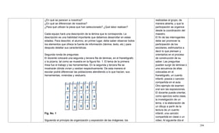 294
¿En qué se parecen a nosotros?
¿En qué se diferencian de nosotros?
¿Para qué utilizan la pieza que han seleccionado? ¿Qué labor realizan?
Cada equipo hará una descripción de la lámina que le corresponde. La
descripción es una habilidad importante que debemos desarrollar en estas
edades. Para describir, el alumno, en primer lugar, debe saber observar todos
los elementos que ofrece la fuente de información (lámina, texto, etc.) para
después detallar sus características.
Segunda ronda de preguntas:
El docente colocará una segunda y tercera fila de láminas, en el franelógrafo
o la pizarra, tal como se muestra en la figura No. 1. El tema de la primera
línea fue el trabajo y las herramientas. En la segunda y tercera fila se
mostrarán dónde vivían y vestían respectivamente. De esta manera el
escolar podrá diferenciar las poblaciones atendiendo a lo que hacían, sus
herramientas, viviendas y vestuario.
Fig. No. 1
Siguiendo el principio de organización y exposición de las imágenes: los
realizadas al grupo, de
manera abierta, y que la
participación se organice
desde la coordinación del
maestro.
El fin de las interrogantes
debe ser promover la
participación de los
escolares, estimularlos a
decir lo que piensan y
orientarlos en el proceso
de construcción de su
saber. Las preguntas
pueden surgir de láminas o
una secuencia de ellas
colocadas en el
franelógrafo, un cuento
infantil, poesía o canción
compartida en el aula.
Otro ejemplo de examen
oral son las exposiciones.
El docente puede orientar,
como ejercicio extra clase,
la investigación de un
tema, o la elaboración de
un dibujo a partir de la
lectura de un cuento
infantil, una canción
compartida en clase o un
video. Al siguiente día el
 