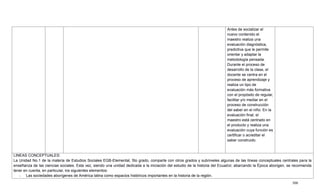 300
Antes de socializar el
nuevo contenido el
maestro realiza una
evaluación diagnóstica,
predictiva que le permite
orientar y adaptar la
metodología pensada.
Durante el proceso de
desarrollo de la clase, el
docente se centra en el
proceso de aprendizaje y
realiza un tipo de
evaluación más formativa
con el propósito de regular,
facilitar y/o mediar en el
proceso de construcción
del saber en el niño. En la
evaluación final, el
maestro está centrado en
el producto y realiza una
evaluación cuya función es
certificar o acreditar el
saber construido.
LINEAS CONCEPTUALES:
La Unidad No.1 de la materia de Estudios Sociales EGB-Elemental, 5to grado, comparte con otros grados y subniveles algunas de las líneas conceptuales centrales para la
enseñanza de las ciencias sociales. Esta vez, siendo una unidad dedicada a la iniciación del estudio de la historia del Ecuador, abarcando la Época aborigen, se recomienda
tener en cuenta, en particular, los siguientes elementos:
- Las sociedades aborígenes de América latina como espacios históricos importantes en la historia de la región.
 