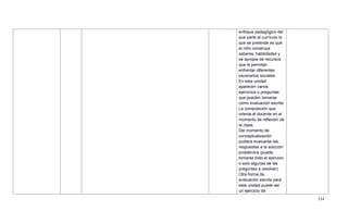 334
enfoque pedagógico del
que parte el currículo lo
que se pretende es que
el niño construya
saberes, habilidades y
se apropie de recursos
que le permitan
enfrentar diferentes
escenarios sociales.
En esta unidad
aparecen varios
ejercicios o preguntas
que pueden tomarse
como evaluación escrita:
La composición que
orienta el docente en el
momento de reflexión de
la clase.
Del momento de
conceptualización
pudiera evaluarse las
respuestas a la solución
problémica (puede
tomarse todo el ejercicio
o solo algunas de las
preguntas a resolver).
Otra forma de
evaluación escrita para
esta unidad puede ser
un ejercicio de
 