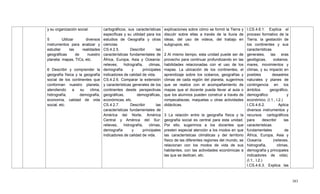 383
y su organización social.
5 Utilizar diversos
instrumentos para analizar y
estudiar las realidades
geográficas de nuestro
planeta: mapas, TICs, etc.
6 Describir y comprender la
geografía física y la geografía
social de los continentes que
conforman nuestro planeta,
atendiendo a su clima,
hidrografía, demografía,
economía, calidad de vida
social, etc.
cartográficos, sus características
específicas y su utilidad para los
estudios de Geografía y otras
ciencias.
CS.4.2.5. Describir las
características fundamentales de
África, Europa, Asia y Oceanía:
relieves, hidrografía, climas,
demografía y principales
indicadores de calidad de vida.
CS.4.2.6. Comparar la extensión
y características generales de los
continentes desde perspectivas
geográficas, demográficas,
económicas, etc.
CS.4.2.7. Describir las
características fundamentales de
América del Norte, América
Central y América del Sur:
relieves, hidrografía, climas,
demografía y principales
indicadores de calidad de vida.
explicaciones sobre cómo se formó la Tierra y
discutir sobre ellas a través de la lluvia de
ideas, del uso de videos, del trabajo en
subgrupos, etc.
2 Al mismo tiempo, esta unidad puede ser de
provecho para continuar profundizando en las
habilidades relacionadas con el uso de los
mapas. La ubicación de los continentes, el
aprendizaje sobre los océanos, geografías y
climas de cada región del planeta, sugerimos
que se realice con el acompañamiento de
mapas que el docente pueda llevar al aula o
que los alumnos pueden construir a través de
rompecabezas, maquetas u otras actividades
didácticas.
3 La relación entre la geografía física y la
geografía social es central para esta unidad.
Por ello, sugerimos a los docentes que
presten especial atención a los modos en que
las características climáticas y del territorio
físico de las diferentes regiones del mundo, se
relacionan con los modos de vida de sus
habitantes, con las actividades económicas a
las que se dedican, etc.
I.CS.4.6.1. Explica el
proceso formativo de la
Tierra, la gestación de
los continentes y sus
características
generales, las eras
geológicas, océanos,
mares, movimientos y
climas, y su impacto en
posibles desastres
naturales y planes de
contingencia en los
ámbitos geográfico,
demográfico y
económico. (I.1., I.2.)
I.CS.4.6.2. Aplica
diversos instrumentos y
recursos cartográficos
para describir las
características
fundamentales de
África, Europa, Asia y
Oceanía (relieves,
hidrografía, climas,
demografía y principales
indicadores de vida).
(I.1., I.2.)
I.CS.4.6.3. Explica las
 