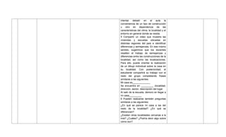 intentar debatir en el aula la
conveniencia de un tipo de construcción
u otro en dependencia de las
características del clima, la localidad y el
entorno en general donde se resida.
5 Compartir un video que muestre las
viviendas y escuelas ubicadas en
distintas regiones del país e identificar
diferencias y semejanzas. En ese mismo
sentido, sugerimos que los docentes
resalten el trabajo de semejanzas y
diferencias entre las construcciones de la
localidad, así como las localizaciones.
Para ello, puede orientar la realización
de un dibujo individual sobre la casa en
su localidad. Con posterioridad, el
estudiante compartirá su trabajo con el
resto del grupo completando frases
similares a las siguientes:
Mi casa es_____________
Se encuentra en _________ (localidad,
dirección, sector, descripción del lugar.
Al salir de la escuela, demoro en llegar a
mi casa_________
6 Pueden realizarse también preguntas
similares a las siguientes:
¿En qué se parece mi casa a las del
resto de la localidad? ¿En qué se
diferencian?
¿Existen otras localidades cercanas a la
mía? ¿Cuáles? ¿Podría decir algo sobre
cómo son?
 