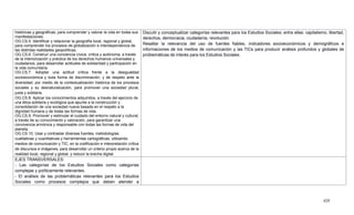 429
históricas y geográficas, para comprender y valorar la vida en todas sus
manifestaciones.
OG.CS.5. Identificar y relacionar la geografía local, regional y global,
para comprender los procesos de globalización e interdependencia de
las distintas realidades geopolíticas.
OG.CS.6. Construir una conciencia cívica, crítica y autónoma, a través
de la interiorización y práctica de los derechos humanos universales y
ciudadanos, para desarrollar actitudes de solidaridad y participación en
la vida comunitaria.
OG.CS.7. Adoptar una actitud crítica frente a la desigualdad
socioeconómica y toda forma de discriminación, y de respeto ante la
diversidad, por medio de la contextualización histórica de los procesos
sociales y su desnaturalización, para promover una sociedad plural,
justa y solidaria.
OG.CS.8. Aplicar los conocimientos adquiridos, a través del ejercicio de
una ética solidaria y ecológica que apunte a la construcción y
consolidación de una sociedad nueva basada en el respeto a la
dignidad humana y de todas las formas de vida.
OG.CS.9. Promover y estimular el cuidado del entorno natural y cultural,
a través de su conocimiento y valoración, para garantizar una
convivencia armónica y responsable con todas las formas de vida del
planeta.
OG.CS.10. Usar y contrastar diversas fuentes, metodologías
cualitativas y cuantitativas y herramientas cartográficas, utilizando
medios de comunicación y TIC, en la codificación e interpretación crítica
de discursos e imágenes, para desarrollar un criterio propio acerca de la
realidad local, regional y global, y reducir la brecha digital.
Discutir y conceptualizar categorías relevantes para los Estudios Sociales; entre ellas: capitalismo, libertad,
derechos, democracia, ciudadanía, revolución.
Resaltar la relevancia del uso de fuentes fiables, indicadores socioeconómicos y demográficos e
informaciones de los medios de comunicación y las TICs para producir análisis profundos y globales de
problemáticas de interés para los Estudios Sociales.
EJES TRANSVERSALES:
- Las categorías de los Estudios Sociales como categorías
complejas y políticamente relevantes.
- El análisis de las problemáticas relevantes para los Estudios
Sociales como procesos complejos que deben atender a
 