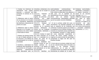 431
4 Analizar las dinámicas de
interrelación entre lugares,
personas y productos que
componen el comercio en el
Ecuador.
5 Reflexionar sobre el sector
de los servicios en el Ecuador
y su importancia, destacando
las dinámicas y relevancias del
turismo en el país.
6 Reflexionar sobre el sector
financiero en el Ecuador y la
importancia del control estatal
y social sobre el mismo.
7 Analizar las diversas formas
en que el Estado participa en
la economía y los efectos de
esa participación en la vida de
la sociedad.
8 Identificar y sistematizar los
problemas más importantes de
la economía en el Ecuador y
reflexionar colectivamente
sobre alternativas para su
(industrias y artesanías) y las
personas que se ocupan en
ellas.
CS.4.2.12. Examinar la
interrelación entre los
lugares, las personas y los
productos que están
involucrados en el comercio y
sus mutuas incidencias.
CS.4.2.13. Destacar la
importancia del sector
servicios en la economía
nacional, destacando el
turismo con sus fortalezas,
oportunidades, debilidades y
amenazas.
CS.4.2.14. Analizar el papel
del sector financiero en el
país y la necesidad de su
control por parte de la
sociedad y el Estado.
CS.4.2.15. Establecer las
diversas formas en que el
Estado participa en la
economía y los efectos de
esa participación en la vida
de la sociedad.
CS.4.2.16. Identificar los
potencialidades contemporáneas del
Ecuador y de la región latinoamericana.
Esta unidad se desarrollará más adelante en
este guía —en el apartado de las
planificaciones microcurriculares— por lo que
ahora solo se señalan algunas
recomendaciones metodológicas generales
que allí se pueden encontrar detalladas.
1 Al ser la primera unidad del curso, se
recomienda a los docentes presentar en el
aula un esquema de los contenidos que
conforman el subnivel superior de la EGB en
la enseñanza de los Estudios Sociales. Este
momento es importante porque posibilita que
los estudiantes conozcan el mapa general
del curso; desarrollen expectativas en
función del mismo; puedan anticipar y
organizar su propio proceso de aprendizaje y
comprendan la lógica del año para los
Estudios Sociales.
2 Como esta es la primera unidad de la que
se van a abordar temas sobre el Ecuador, se
sugiere a los docentes construir
colectivamente en el aula un mapa
conceptual donde se muestren las diferentes
dimensiones de análisis de ―lo social‖, las
fortalezas, oportunidades,
debilidades y amenazas y
el impacto económico y
social en los recursos
naturales. (J.4., I.1.)
I.CS.4.7.2. Explica el papel
que tiene el sector
financiero, el sector
servicios y el Estado en la
economía del país,
identificando sus efectos
en la vida de las personas
y principales problemas
económicos. (J.1., S.1.)
 