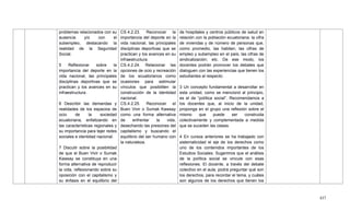 437
problemas relacionados con su
ausencia y/o con el
subempleo, destacando la
realidad de la Seguridad
Social.
5 Reflexionar sobre la
importancia del deporte en la
vida nacional, las principales
disciplinas deportivas que se
practican y los avances en su
infraestructura.
6 Describir las demandas y
realidades de los espacios de
ocio de la sociedad
ecuatoriana, enfatizando en
las características regionales y
su importancia para tejer redes
sociales e identidad nacional.
7 Discutir sobre la posibilidad
de que el Buen Vivir o Sumak
Kawsay se constituya en una
forma alternativa de reproducir
la vida, reflexionando sobre su
oposición con el capitalismo y
su énfasis en el equilibrio del
CS.4.2.23. Reconocer la
importancia del deporte en la
vida nacional, las principales
disciplinas deportivas que se
practican y los avances en su
infraestructura.
CS.4.2.24. Relacionar las
opciones de ocio y recreación
de los ecuatorianos como
ocasiones para estimular
vínculos que posibiliten la
construcción de la identidad
nacional.
CS.4.2.25. Reconocer el
Buen Vivir o Sumak Kawsay
como una forma alternativa
de enfrentar la vida,
desechando las presiones del
capitalismo y buscando el
equilibrio del ser humano con
la naturaleza.
de hospitales y centros públicos de salud en
relación con la población ecuatoriana; la cifra
de viviendas y de número de personas que,
como promedio, las habitan; las cifras de
empleo y subempleo en el país; las cifras de
sindicalización; etc. De ese modo, los
docentes podrán promover los debates que
dialoguen con las experiencias que tienen los
estudiantes al respecto.
3 Un concepto fundamental a desarrollar en
esta unidad, como se mencionó al principio,
es el de ―política social‖. Recomendamos a
los docentes que, al inicio de la unidad,
proponga en el grupo una reflexión sobre el
mismo que puede ser construida
colectivamente y complementada a medida
que se suceden las clases.
4 En cursos anteriores se ha trabajado con
sistematicidad el eje de los derechos como
uno de los contenidos importantes de los
Estudios Sociales. Sugerimos que el análisis
de la política social se vincule con esas
reflexiones. El docente, a través del debate
colectivo en el aula, podrá preguntar qué son
los derechos, para recordar el tema, y cuáles
son algunos de los derechos que tienen los
 