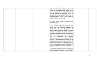 452
derecho a discriminar a nadie por el color de
su piel, por su lengua o por su acento, por su
lugar de nacimiento, por sus hábitos de vida,
por sus orígenes y tradiciones o por su
pobreza. La discriminación racial es un
problema que nos aqueja a todos, y está en
nosotros ponerle término final.
De modo similar pueden trabajarse otras
discriminaciones.
4 Otro elemento a tener en cuenta en esta
unidad son los diferentes espacios de
construcción de la democracia: la
democracia se construye desde el Estado,
desde la ciudadanía, desde las relaciones
sociales en general en la vida cotidiana, etc.
Este elemento es fundamental para revelar
que la construcción de espacios
democráticos es una responsabilidad
colectiva. Los docentes pueden hacer uso de
noticias de la prensa donde se hable de
colectivos ciudadanos que generan espacios
democráticos y que interpelan al Estado, por
ejemplo, para hacer cumplir sus derechos.
5 Sugerimos también retomar aprendizajes
desarrollados en unidades anteriores sobre
 
