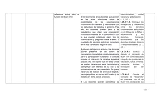 455
reflexionar sobre ellos en
función del Buen Vivir. 3 Se recomienda a los docentes que generen
en las aulas reflexiones sobre las
posibilidades de las organizaciones
ciudadanas de intervenir y relacionarse con
las estructuras del estado y el gobierno. Para
ello, los docentes pueden pedir a los
estudiantes que elijan una organización
ciudadana existente en la comunidad o con
la que puedan establecer algún tipo de
comunicación y pregunten sobre el tema. El
resultado del ejercicio podrá ser comentado
en el aula y analizado según el caso.
4 Además del ejercicio anterior, los docentes
podrán presentar en las clases los
mecanismos concebidos constitucionalmente
para la participación ciudadana: la consulta
popular, el referendo, la iniciativa legislativa
popular, etc. Se espera que en esta unidad
se puedan caracterizar esos mecanismos y
ejemplificar con intentos de su uso y los
problemas que se han presentado. Se puede
hacer uso de noticias de prensa al respecto,
para ejemplificar su uso en el Ecuador y los
debates en torno a esos procesos.
5 Los docentes podrán ejemplificar las
interculturalidad, unidad
nacional y globalización.
(J.1., S.1.)
I.CS.4.11.3. Distingue las
semejanzas y diferencias
entre los derechos
fundamentales estipulados
en el Código de la Niñez y
Adolescencia y los
derechos humanos,
reconociendo que los
derechos implican deberes
y responsabilidades. (J.1.,
J.3.)
CE.CS.4.8. Analiza y
discute el concepto de
Buen Vivir como respuesta
integral a los problemas de
educación, salud, vivienda,
transporte, empleo y
recreación del ser
humano.
I.CS.4.8.1. Discute el
concepto de ―desarrollo‖
en contraste con el de
Buen Vivir, destacando sus
 