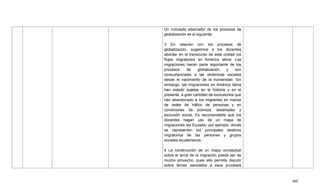 460
Un concepto abarcador de los procesos de
globalización es el siguiente:
3 En relación con los procesos de
globalización, sugerimos a los docentes
abordar en el transcurso de esta unidad los
flujos migratorios en América latina. Las
migraciones hacen parte importante de los
procesos de globalización y son
consustanciales a las dinámicas sociales
desde el nacimiento de la humanidad. Sin
embargo, las migraciones en América latina
han estado sujetas en la historia y en el
presente, a gran cantidad de exclusiones que
han abandonado a los migrantes en manos
de redes de tráfico de personas y en
condiciones de pobreza, desempleo y
exclusión social. Es recomendable que los
docentes hagan uso de un mapa de
migraciones del Ecuador, por ejemplo, donde
se representen los principales destinos
migratorios de las personas y grupos
sociales ecuatorianos.
4 La construcción de un mapa conceptual
sobre el tema de la migración puede ser de
mucho provecho, pues ello permite discutir
sobre temas asociados a esos procesos
 