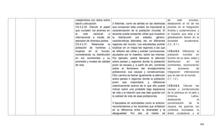 468
cotejándolos con datos sobre
salud y educación.
CS.4.2.30. Discutir el papel
que cumplen los jóvenes en
la vida nacional e
internacional a través de
ejemplos de diversos países.
CS.4.2.31. Relacionar la
población de hombres y
mujeres en el mundo,
considerando su distribución
en los continentes y su
promedio y niveles de calidad
de vida.
2 Además, como se señala en las destrezas
que componen esta unidad, es importante la
caracterización de la población mundial. El
docente puede presentar cifras que muestren
la distribución por edades, género,
características laborales, etc. en diferentes
regiones del mundo. Los estudiantes podrán
localizar en un mapa las regiones a las que
se refieren las cifras y extraer conclusiones,
ayudados por el maestro, sobre las mismas.
Por ejemplo, podrá llamarse la atención
sobre países y regiones donde la población
joven es escasa y, a partir de ahí, comentar
sobre el fenómeno del envejecimiento
poblacional, sus causas y consecuencias.
Otro camino es llamar igualmente la atención
sobre países o regiones donde la población
joven sea mayoritaria, y reflexionar
colectivamente acerca de lo que ello puede
indicar sobre una probable baja esperanza
de vida y la relación que ese dato guarda con
la calidad de vida de esas poblaciones.
3 Apoyados en actividades como la anterior,
recomendamos a los docentes que enfaticen
en la diferencia entre la diversidad y la
desigualdad. Por ello, al hablar de
de este proceso,
destacando el rol de los
jóvenes en la integración
Andina y sudamericana, y
el impacto que esta y la
globalización tienen en la
sociedad ecuatoriana.
(I.2., S.1.)
I.CS.4.9.2. Diferencia la
población mundial en
función de su sexo, edad y
distribución en los
continentes, reconociendo
los procesos de
integración internacional
que se dan en el mundo.
(I.1., I.2.)
I.CS.4.9.3. Discute las
causas y consecuencias
de la pobreza en el país y
América Latina,
destacando la
concentración de la
riqueza, las guerras, los
conflictos mundiales, la
doble ciudadanía y el
 