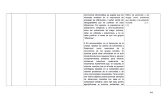 469
convivencia democrática, se sugiere que los
docentes enfaticen en la importancia de
procesar las diferencias y luchar contra las
desigualdades que se justifican en esas
diferencias. Por ejemplo, la prevalencia de
poblaciones indígenas y afro-ecuatorianas
entre las poblaciones de mayor pobreza,
debe ser criticada y solucionada, y no se
debe justificar a través de que son grupos
―diferentes‖.
4 Es recomendable, en el transcurso de la
unidad, resaltar los valores de solidaridad y
fraternidad como esenciales de la
convivencia de los grupos sociales. El
docente podrá idear actividades en el aula
donde los alumnos requieran tener y generar
comportamientos solidarios para resolver
problemas colectivos. Igualmente, se
recomienda fuertemente que, en conjunto, el
docente incentive que en el aula se generen
estrategias basadas en la solidaridad para
resolver problemas de la comunidad o de
otras comunidades necesitadas. Para cumplir
ese mismo objetivo podrán ponerse ejemplos
de situaciones resueltas con base en la
solidaridad colectiva; para ese caso podría
ejemplificarse la enorme solidaridad del
tráfico de personas y de
drogas como problemas
que afectan a la población
mundial. (J.1.,
I.2.)
 