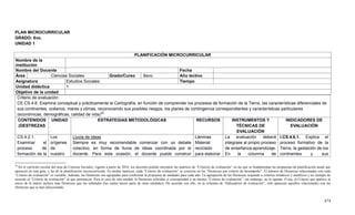 474
PLAN MICROCURRICULAR
GRADO: 8vo.
UNIDAD 1
PLANIFICACIÓN MICROCURRICULAR
Nombre de la
institución
Nombre del Docente Fecha
Área Ciencias Sociales Grado/Curso 8avo. Año lectivo
Asignatura Estudios Sociales Tiempo
Unidad didáctica 1
Objetivo de la unidad
Criterio de evaluación:
CE.CS.4.6. Examina conceptual y prácticamente la Cartografía, en función de comprender los procesos de formación de la Tierra, las características diferenciales de
sus continentes, océanos, mares y climas, reconociendo sus posibles riesgos, los planes de contingencia correspondientes y características particulares
(económicas, demográficas, calidad de vida)30
CONTENIDOS
(DESTREZAS
UNIDAD ESTRATEGIAS METODOLÓGICAS RECURSOS INSTRUMENTOS Y
TÉCNICAS DE
EVALUACIÓN
INDICADORES DE
EVALUACIÓN
CS.4.2.1.
Examinar el
proceso de
formación de la
Los
orígenes
de
nuestro
Lluvia de ideas
Siempre es muy recomendable comenzar con un debate
colectivo, en forma de lluvia de ideas coordinada por el
docente. Para esta ocasión, el docente puede construir
Láminas
Material
reciclado
para elaborar
La evaluación deberá
integrase al propio proceso
de enseñanza-aprendizaje.
En la columna de
I.CS.4.6.1. Explica el
proceso formativo de la
Tierra, la gestación de los
continentes y sus
30
En el currículo escolar del área de Ciencias Sociales, vigente a partir de 2016, los docentes podrán encontrar las matrices de “Criterios de evaluación” en las que se fundamentan las propuestas de planificación anual que
aparecen en esta guía, y las de la planificación microcurricular. En dichas matrices, cada “Criterio de evaluación” se concreta en las “Destrezas por criterio de desempeño”. El número de Destrezas relacionadas con cada
“Criterio de evaluación” es variable. Además, las Destrezas son agrupadas para conformar la propuesta de unidades para cada año. La agrupación de las Destrezas responde a criterios temáticos y analíticos y no siempre de
acuerdo al “Criterio de evaluación” al que pertenecen. Para el caso de esta unidad, la Destrezas referidas sí corresponden a un mismo “Criterio de evaluación”; sin embargo, no lo agotan. O sea, el Criterio que aparece al
inicio de la matriz incluye más Destrezas que las señaladas (las cuales hacen parte de otras unidades). De acuerdo con ello, en la columna de “Indicadores de evaluación”, solo aparecen aquellos relacionados con las
Destrezas que se han seleccionado.
 
